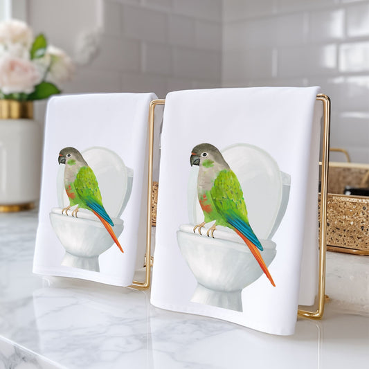 Green Cheek Conure on Toilet Bathroom Towel - MerikaArt