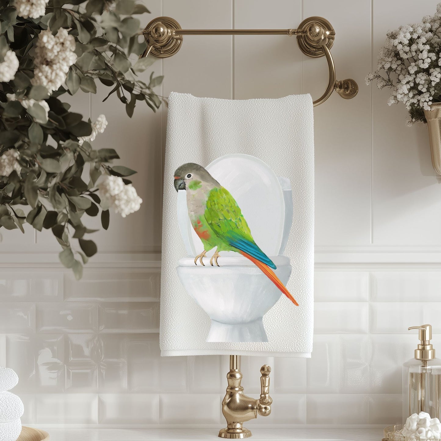 Green Cheek Conure on Toilet Bathroom Towel - MerikaArt
