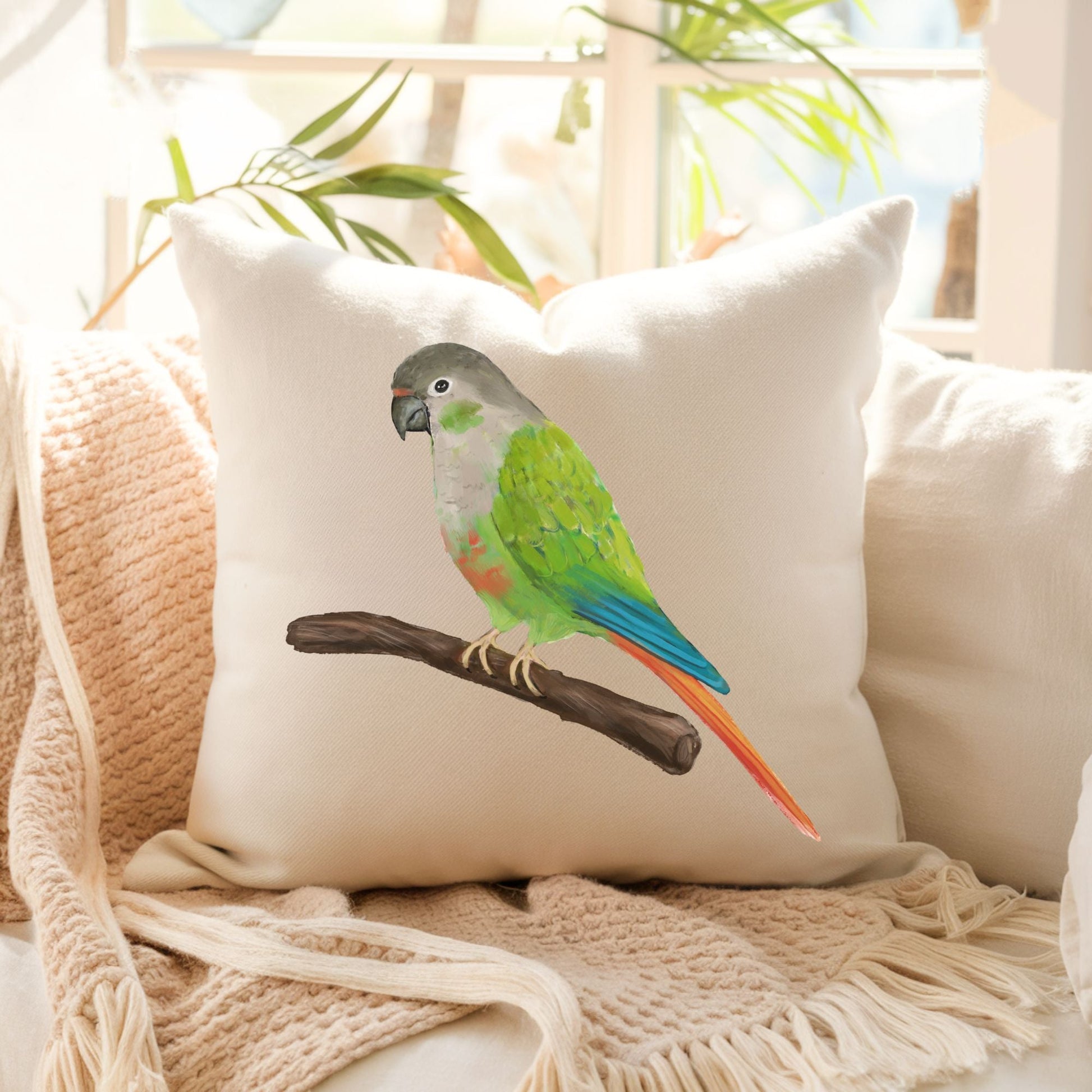 Green Cheek Conure Pillow - MerikaArt