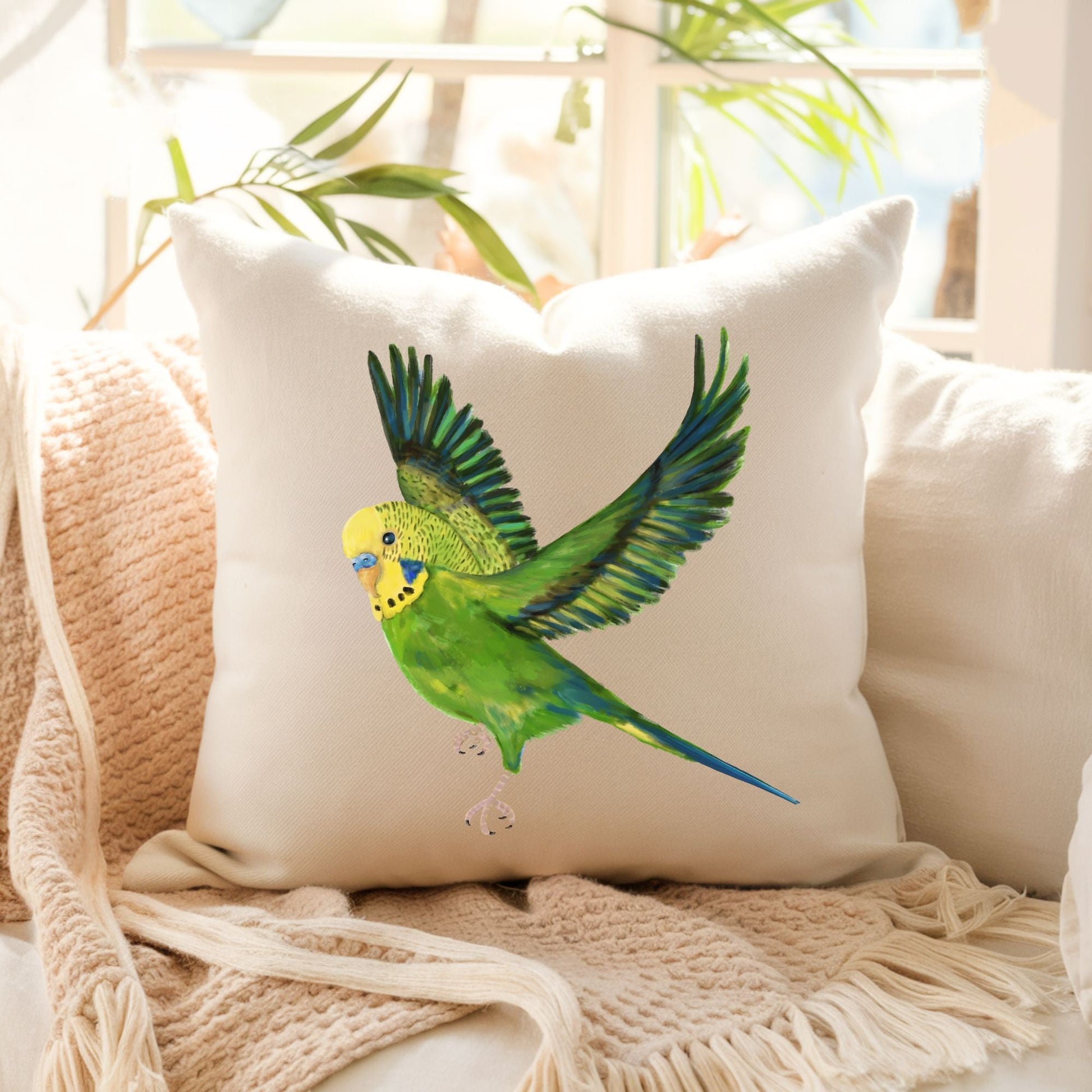 Green Flying Budgerigar Pillow - MerikaArt