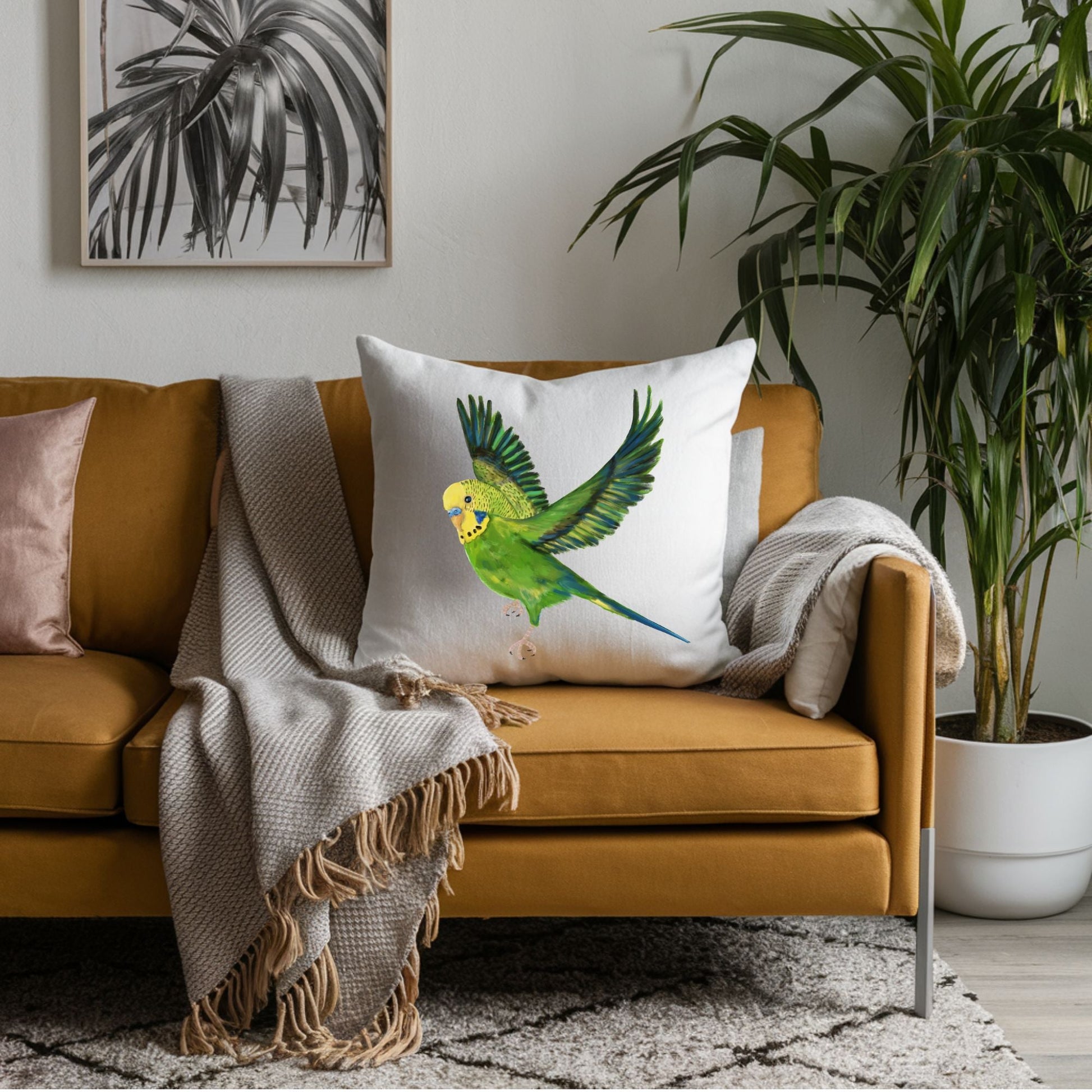 Green Flying Budgerigar Pillow - MerikaArt