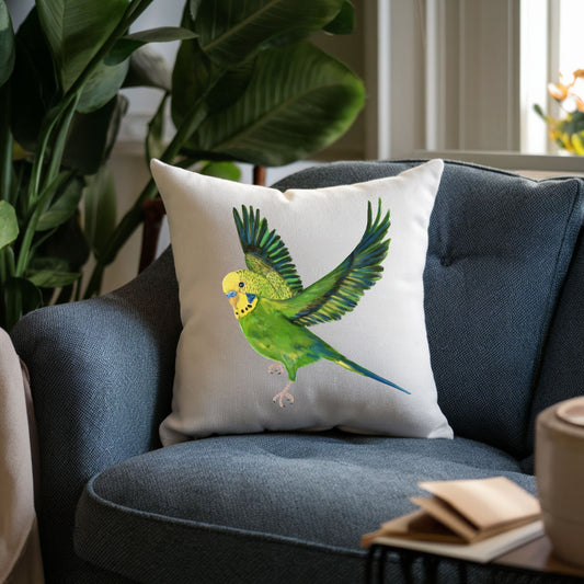 Green Flying Budgerigar Pillow - MerikaArt