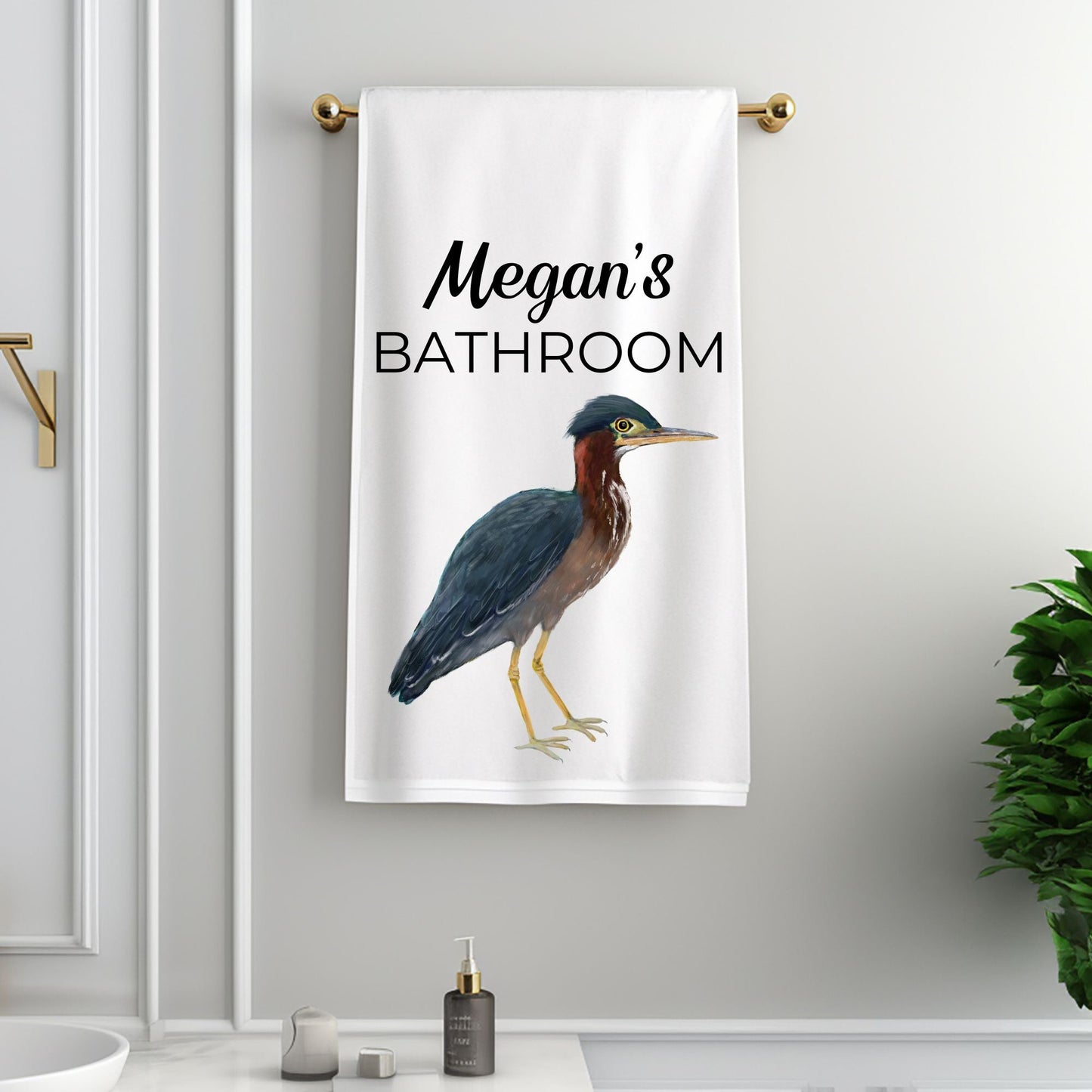 Green Heron Bird Bathroom Towel - MerikaArt