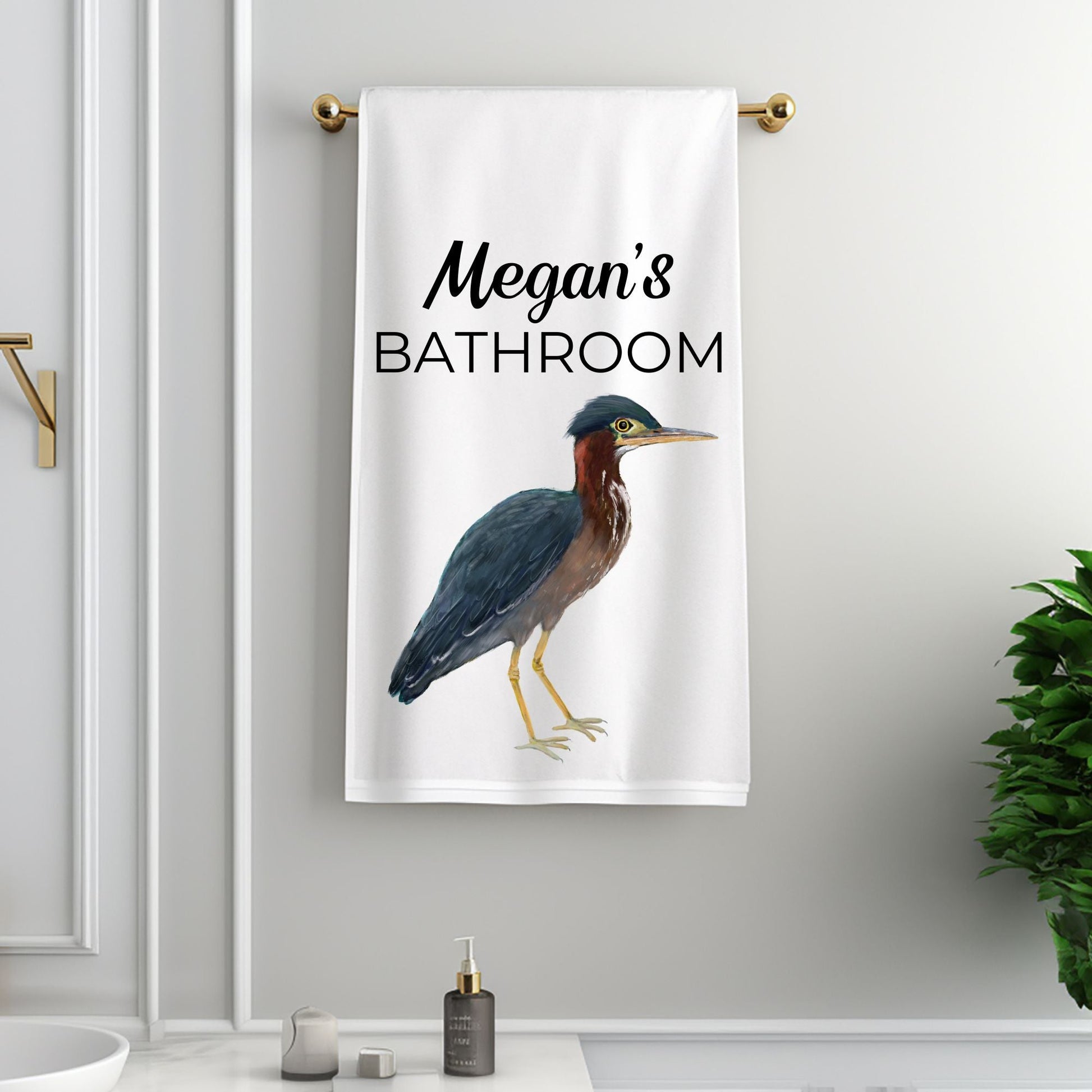 Green Heron Bird Bathroom Towel - MerikaArt