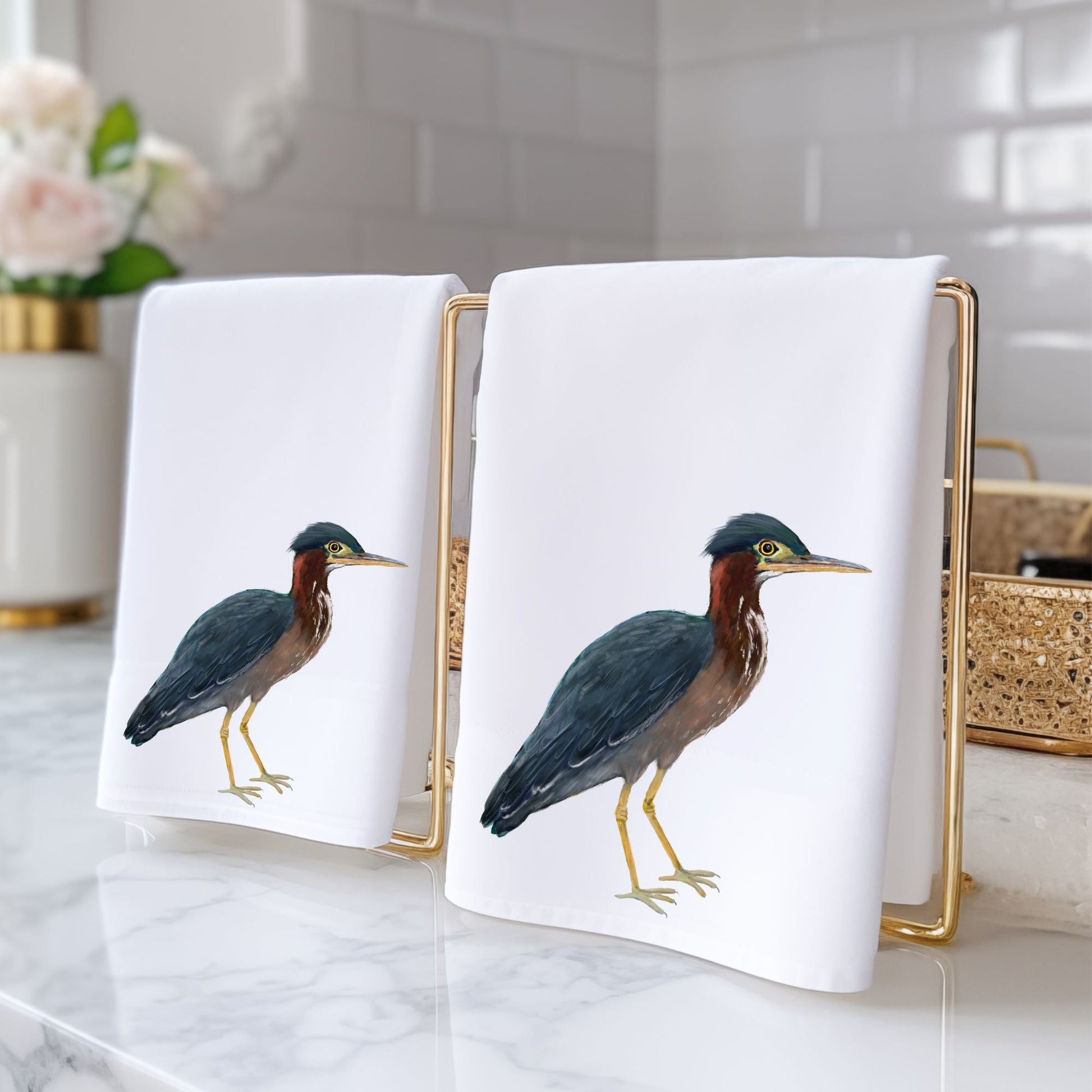 Green Heron Bird Bathroom Towel - MerikaArt
