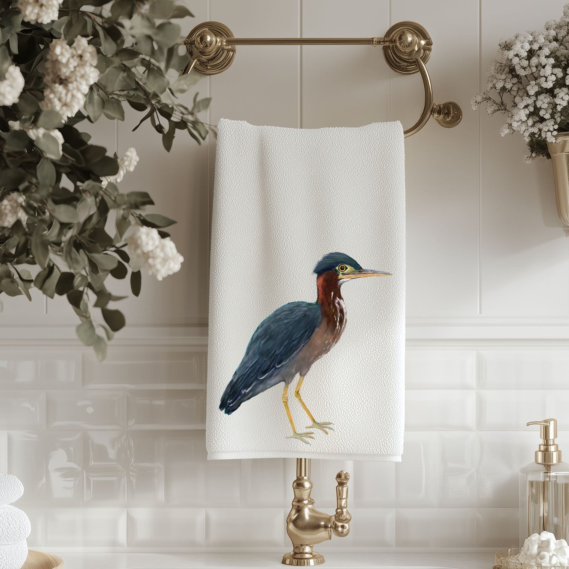 Green Heron Bird Bathroom Towel - MerikaArt