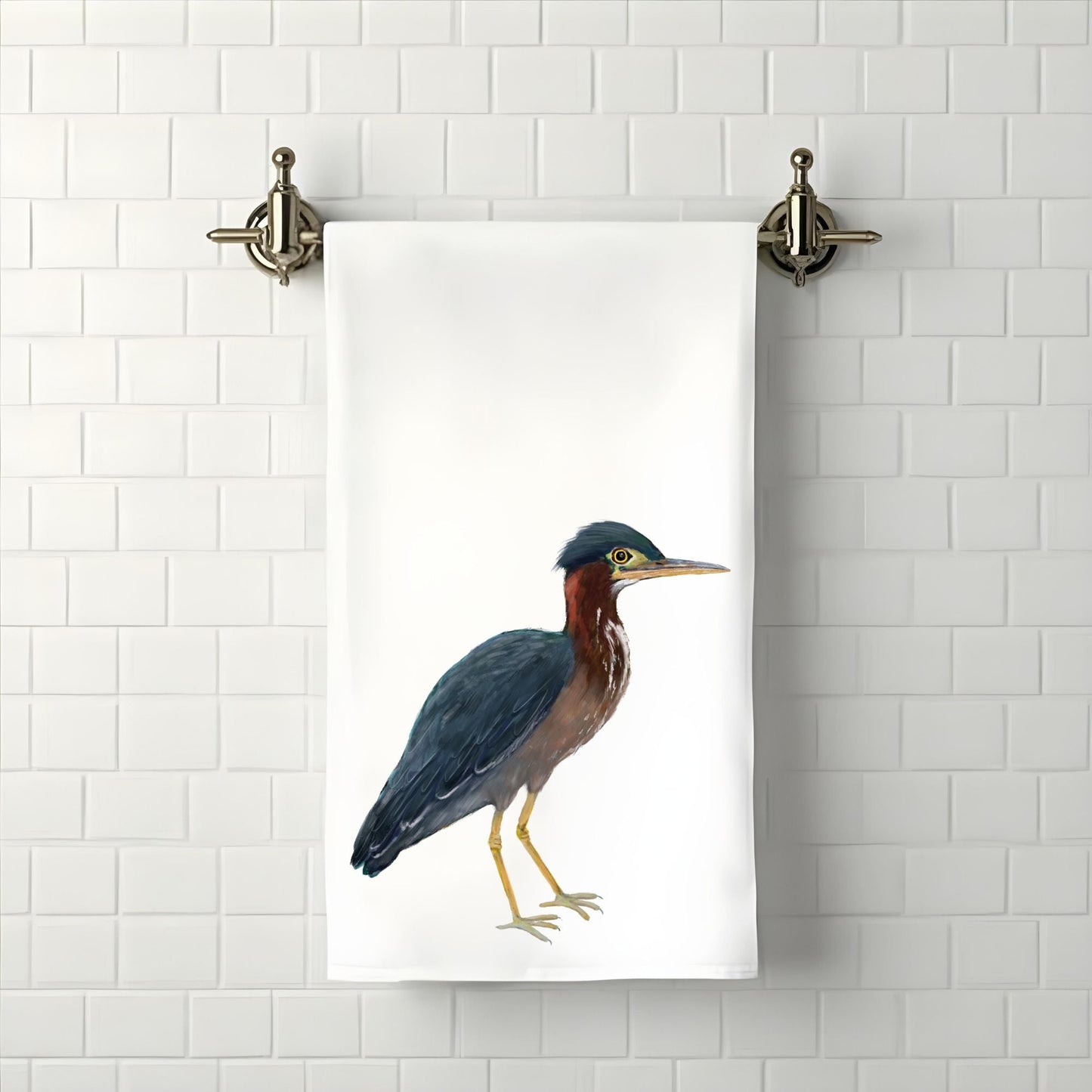 Green Heron Bird Bathroom Towel - MerikaArt