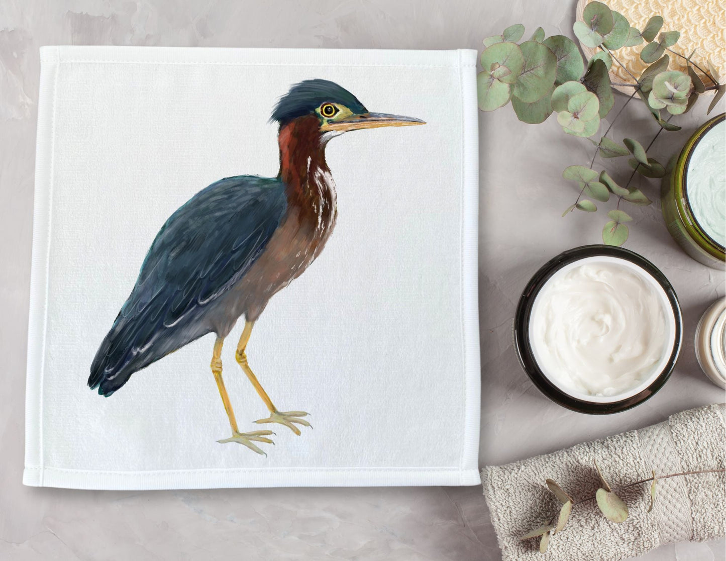Green Heron Bird Washcloth - MerikaArt