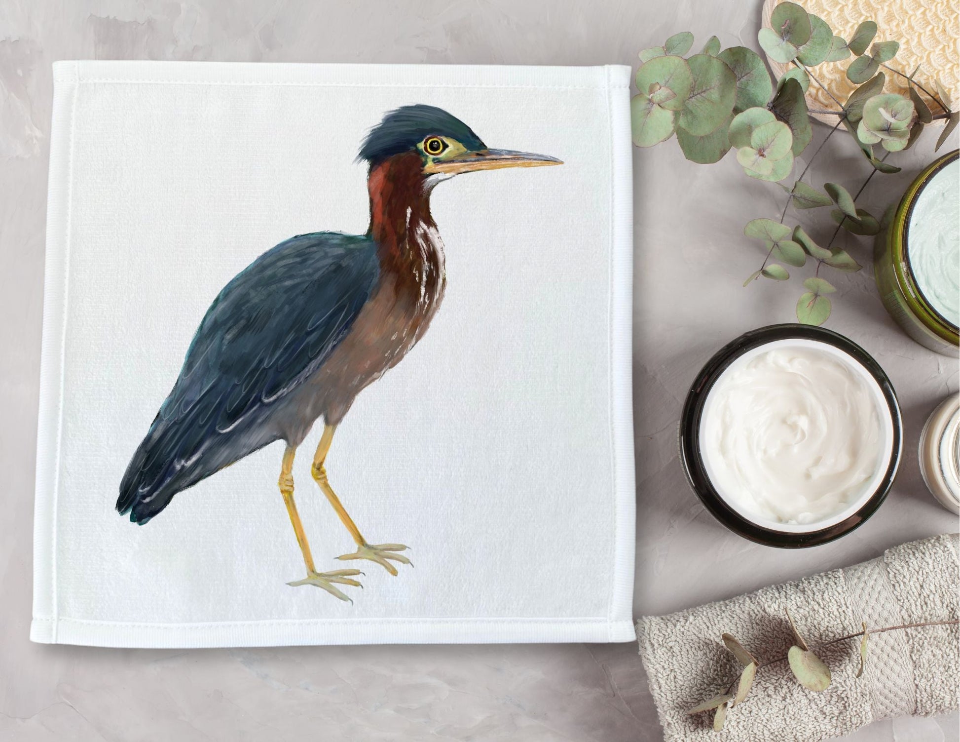 Green Heron Bird Washcloth - MerikaArt