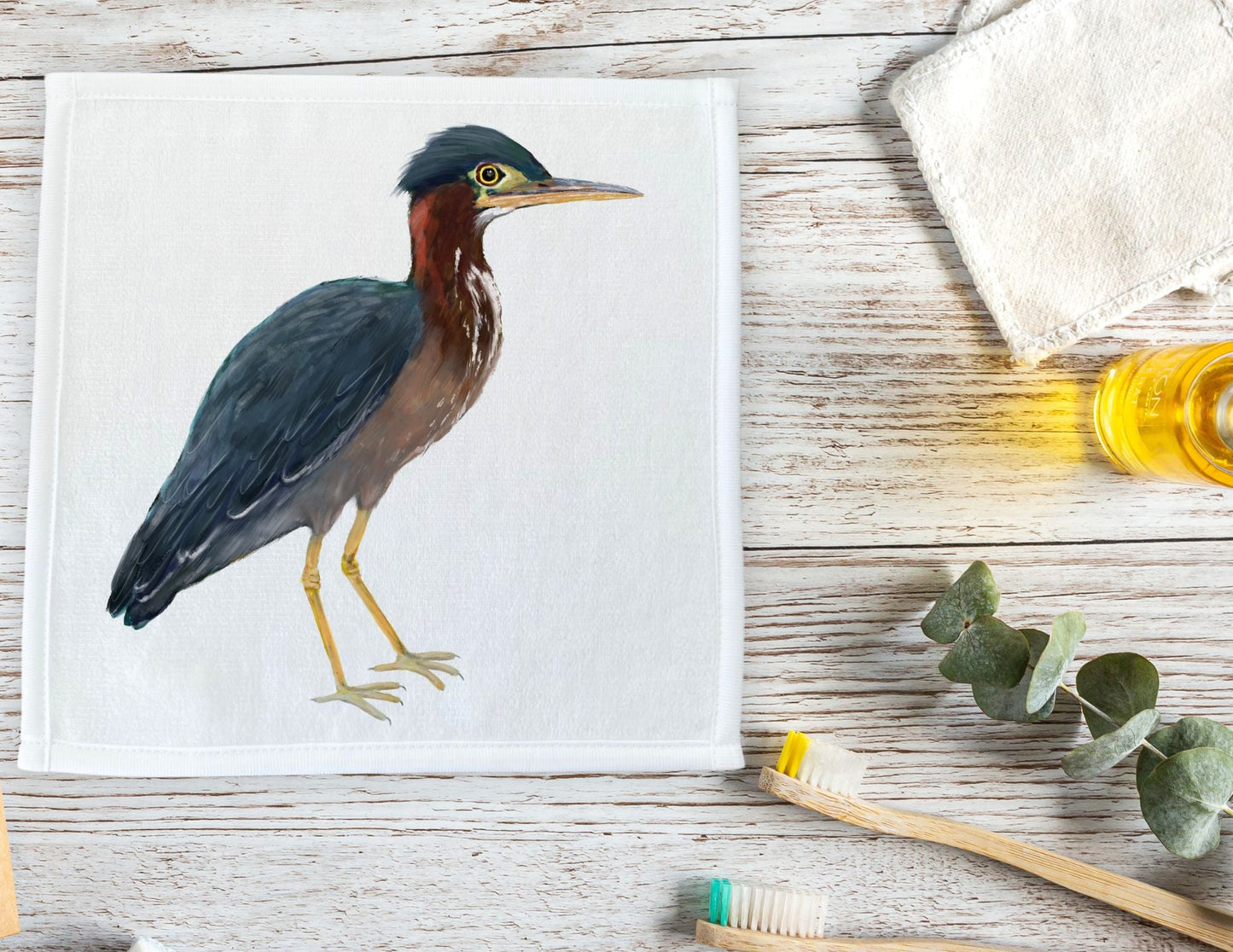 Green Heron Bird Washcloth - MerikaArt