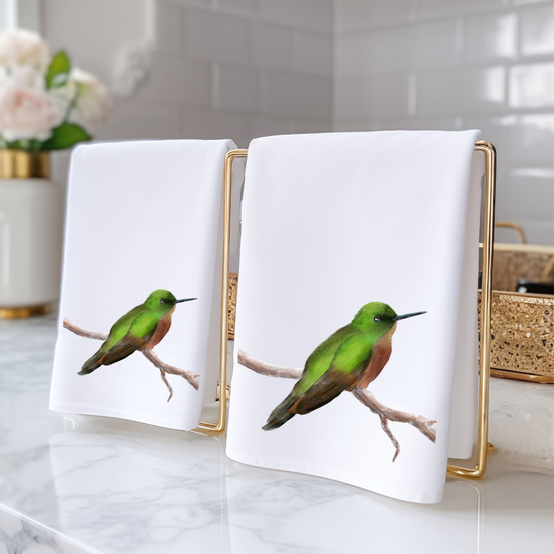 Green Hummingbird Bathroom Towel - MerikaArt