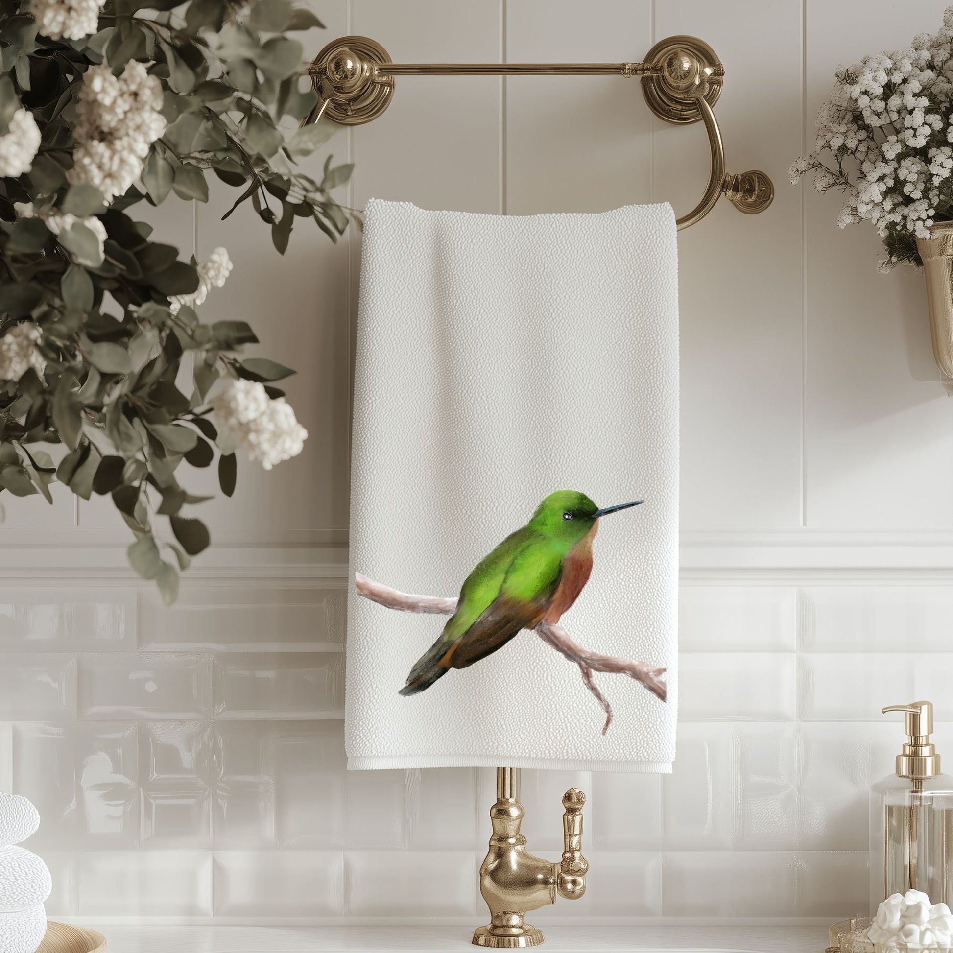 Green Hummingbird Bathroom Towel - MerikaArt