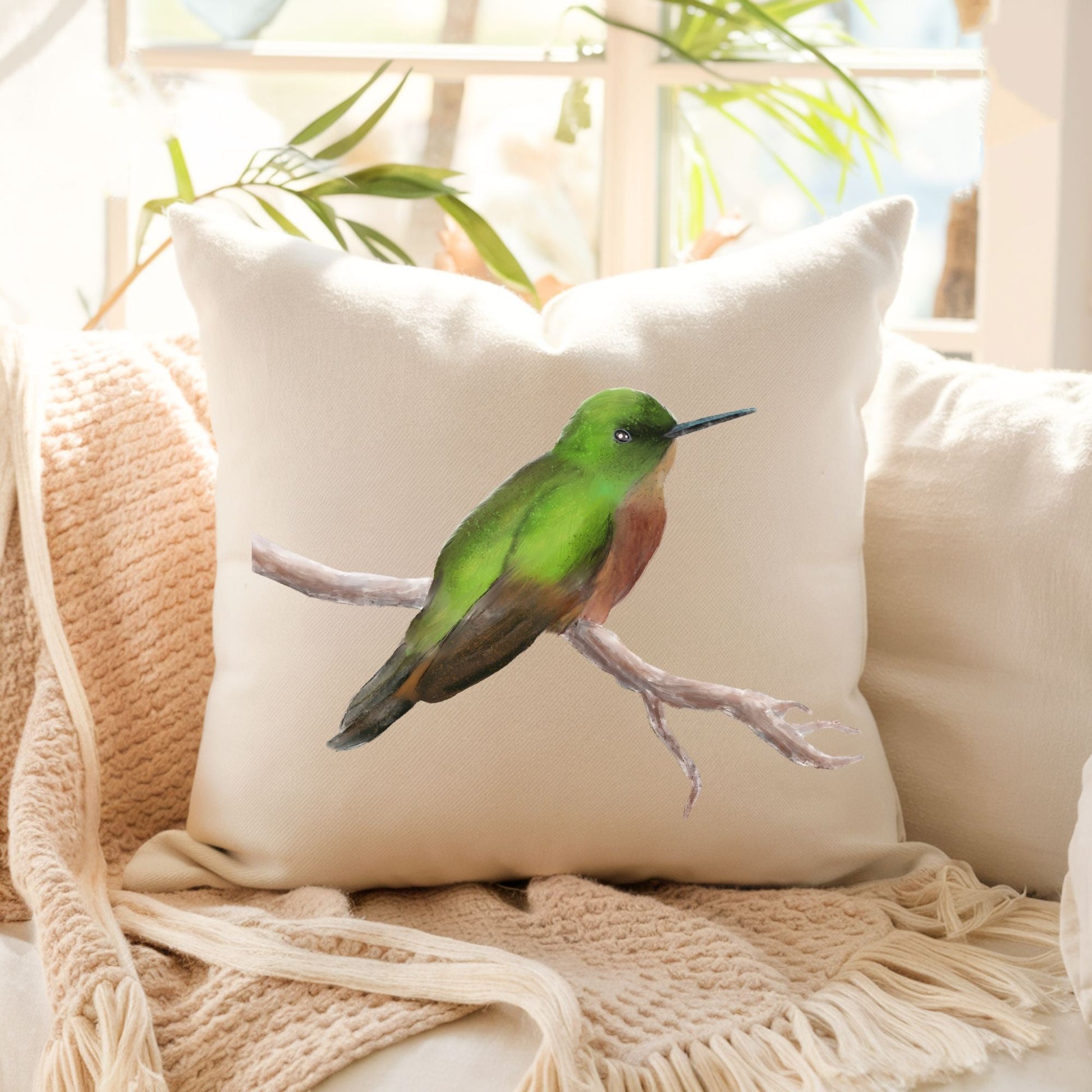 Green Hummingbird Pillow - MerikaArt