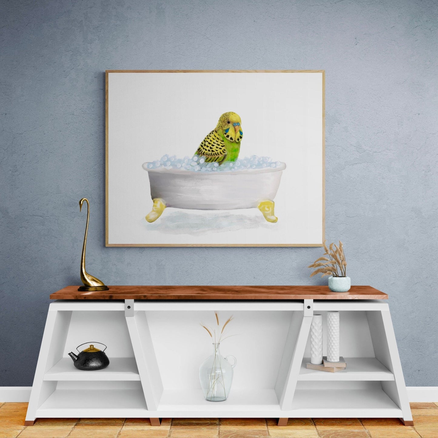Green Parakeet Bathing Print - MerikaArt