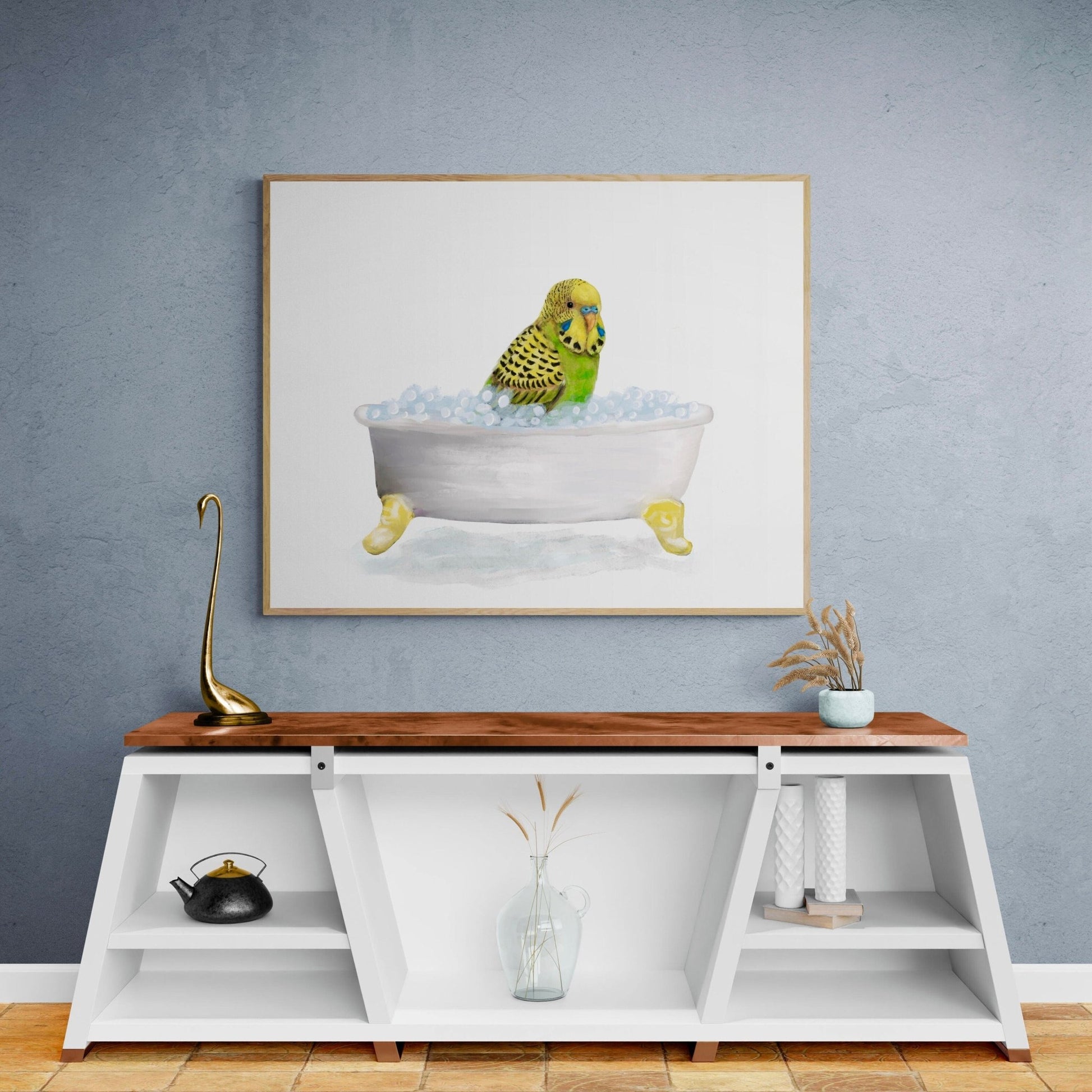 Green Parakeet Bathing Print - MerikaArt