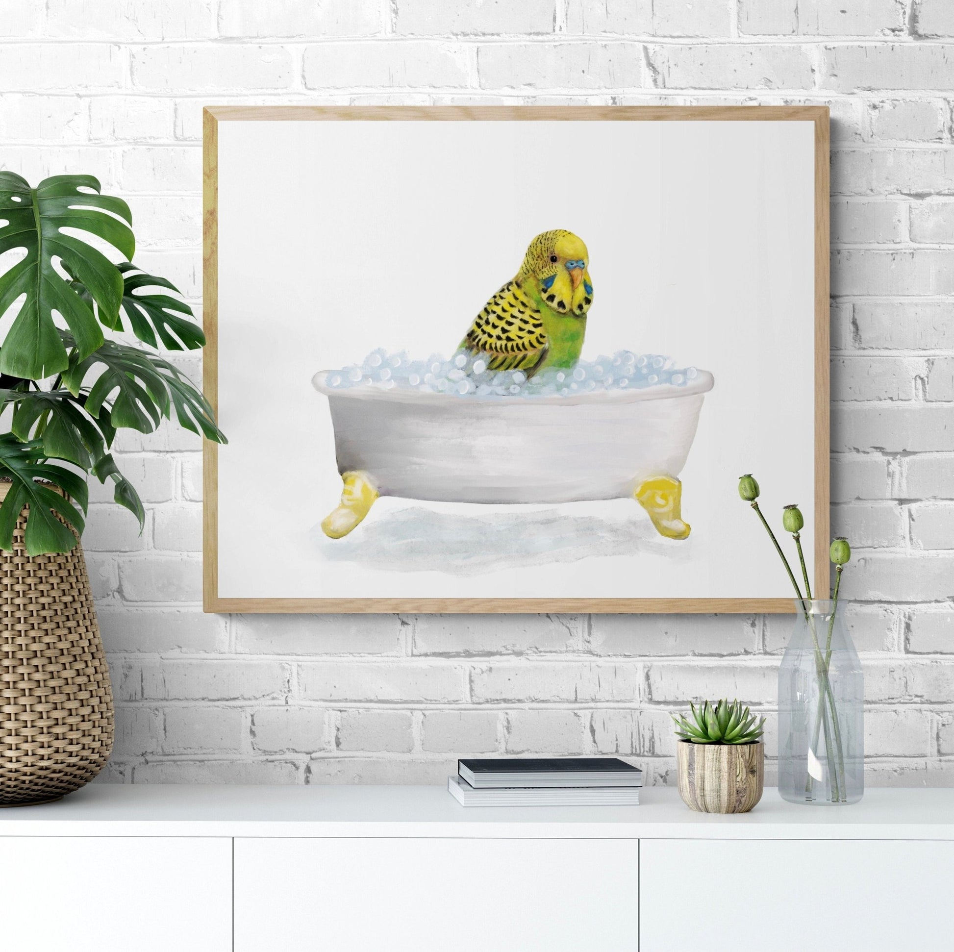 Green Parakeet Bathing Print - MerikaArt