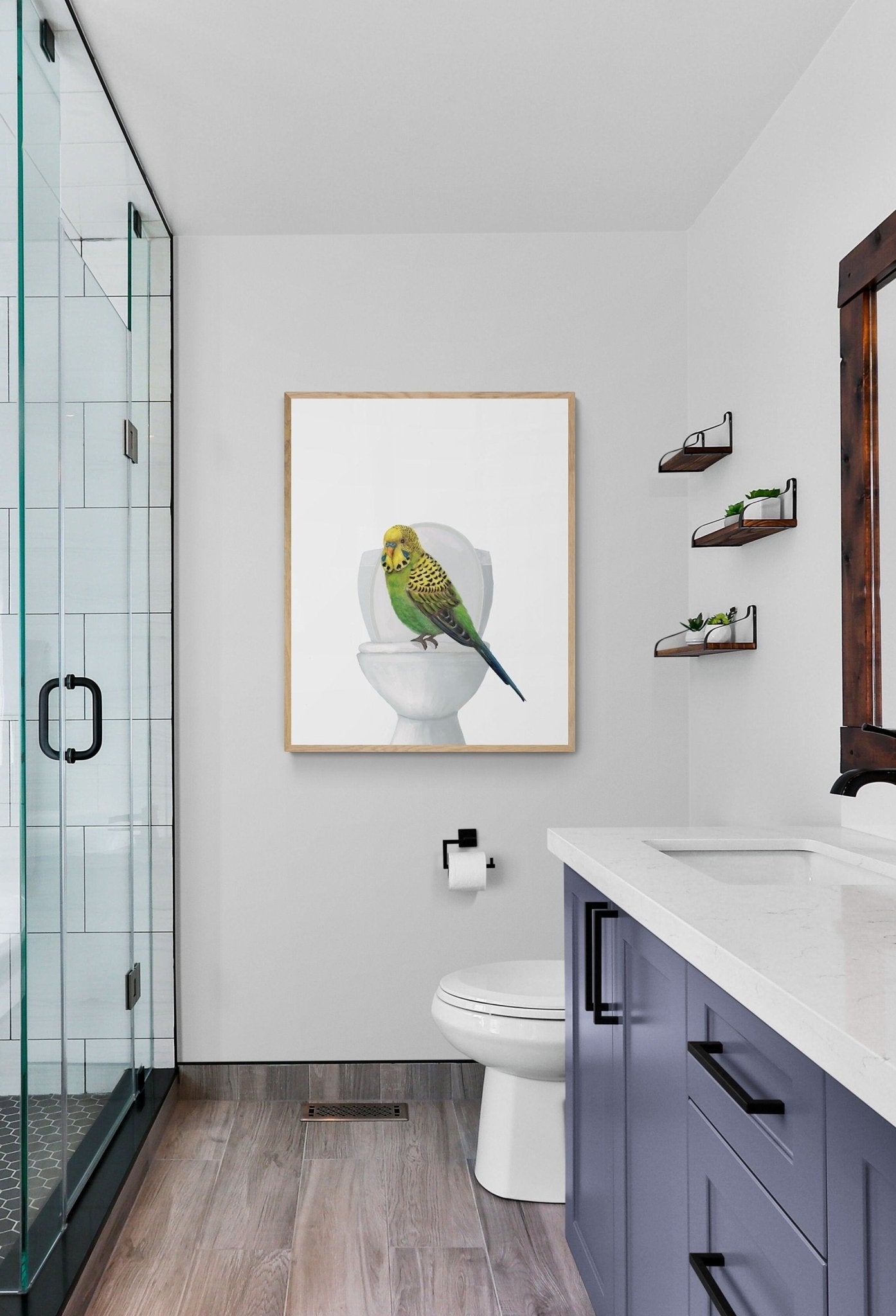 Green Parakeet On Toilet Print - MerikaArt