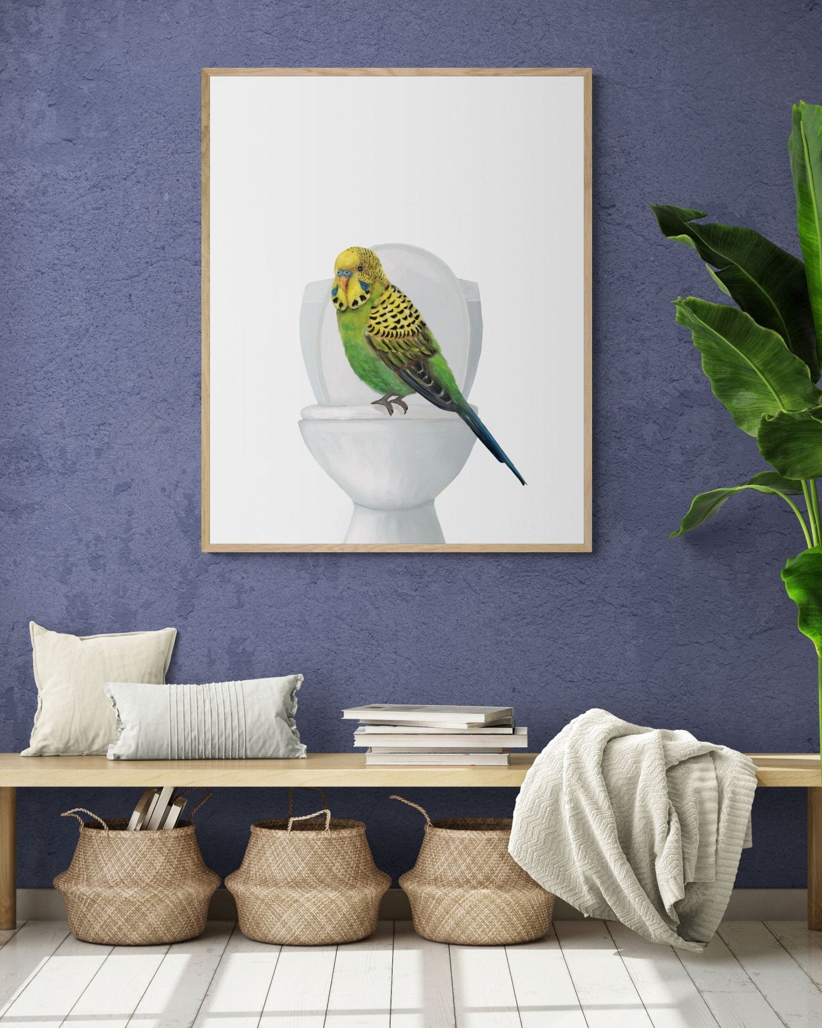 Green Parakeet On Toilet Print - MerikaArt