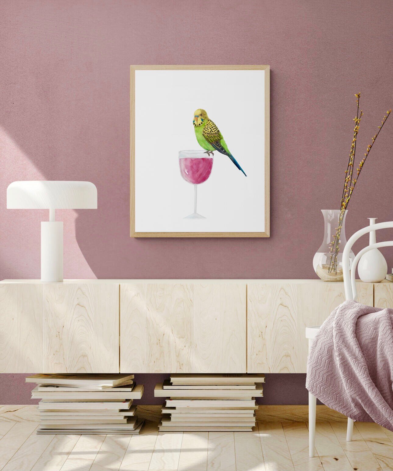 Green Parakeet On Wine Glass - MerikaArt