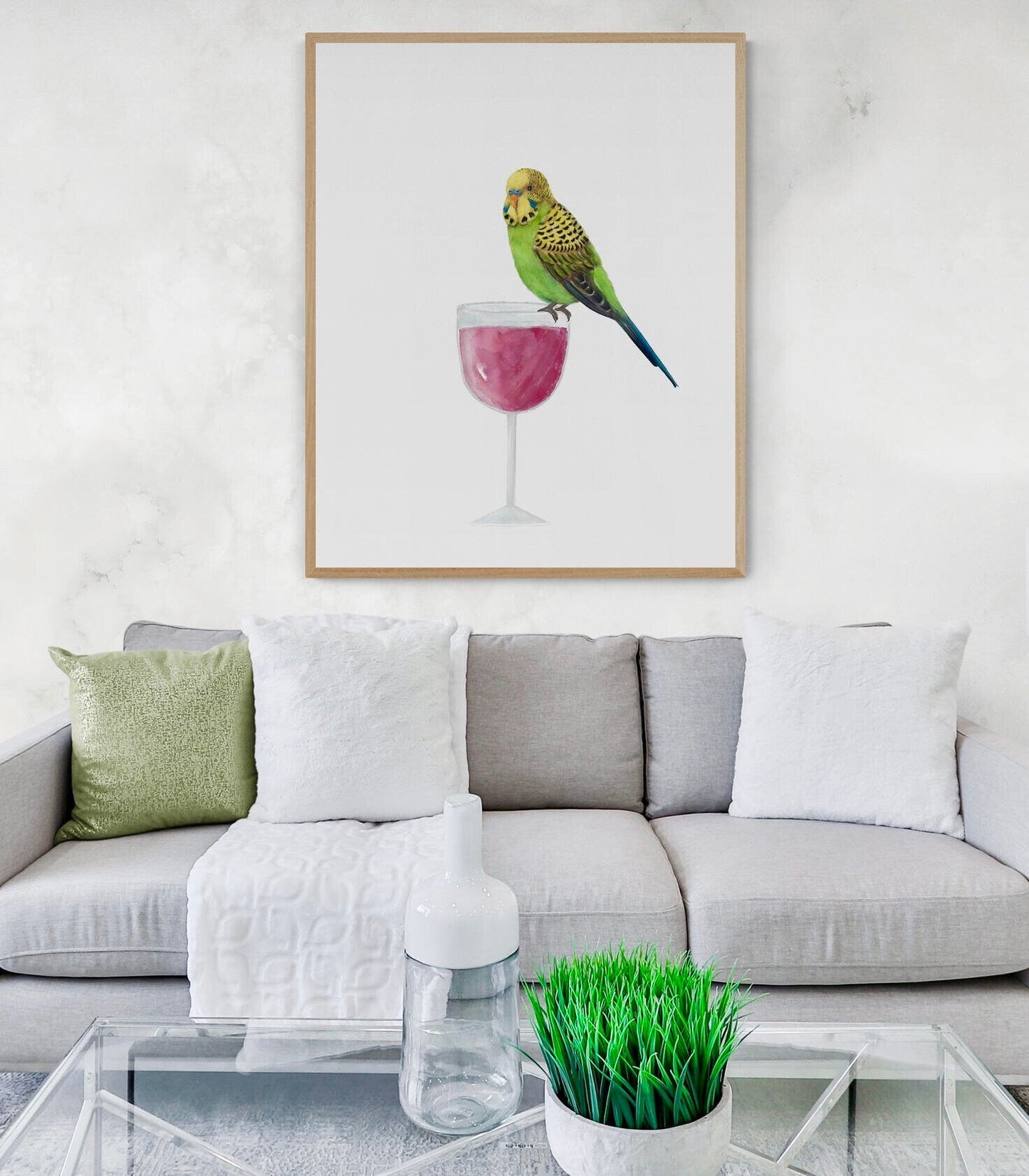 Green Parakeet On Wine Glass - MerikaArt