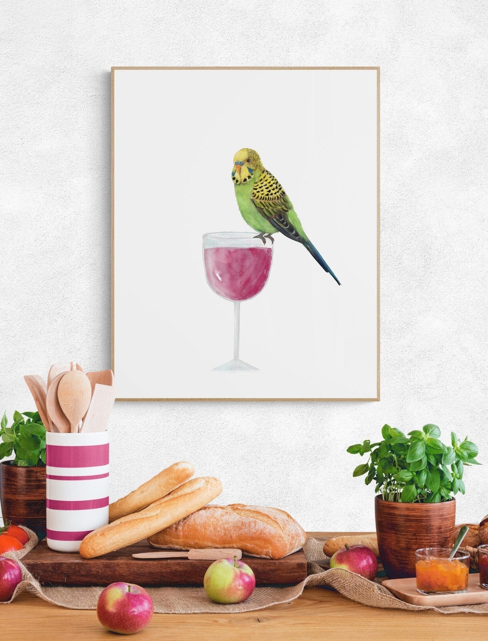 Green Parakeet On Wine Glass - MerikaArt