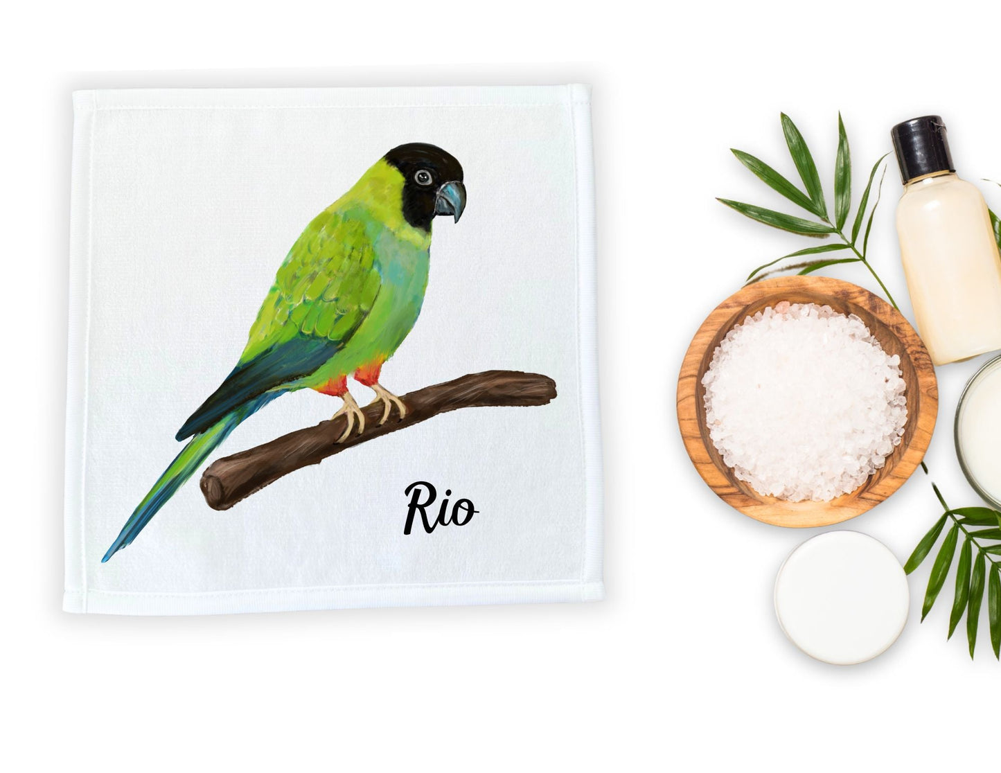 Green Parrot Perched Washcloth - MerikaArt