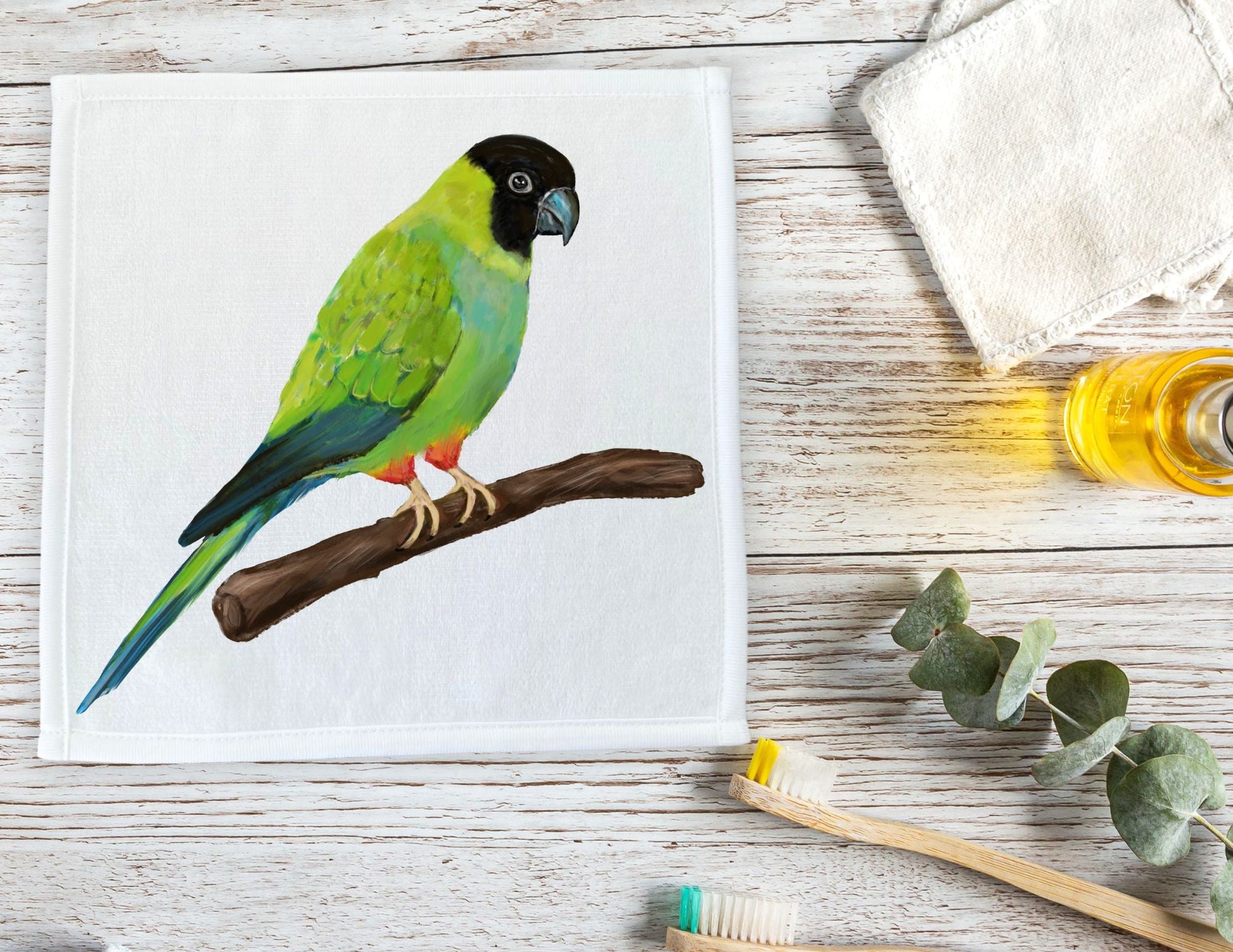 Green Parrot Perched Washcloth - MerikaArt