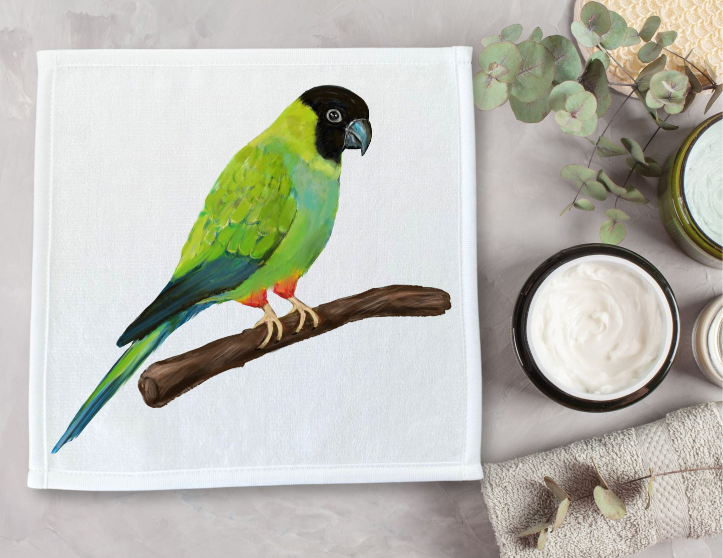 Green Parrot Perched Washcloth - MerikaArt