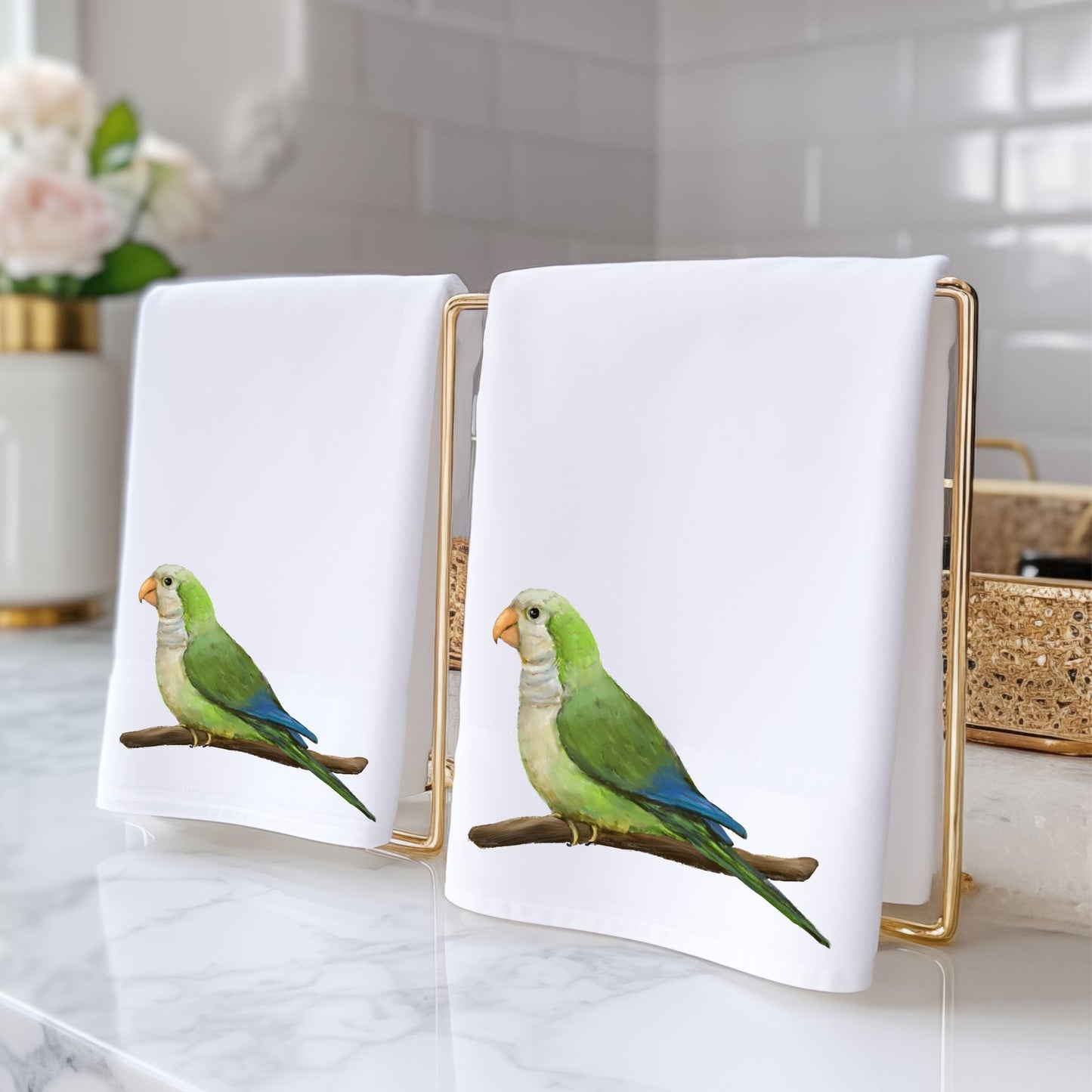 Green Quaker Parrot Bathroom Towel - MerikaArt