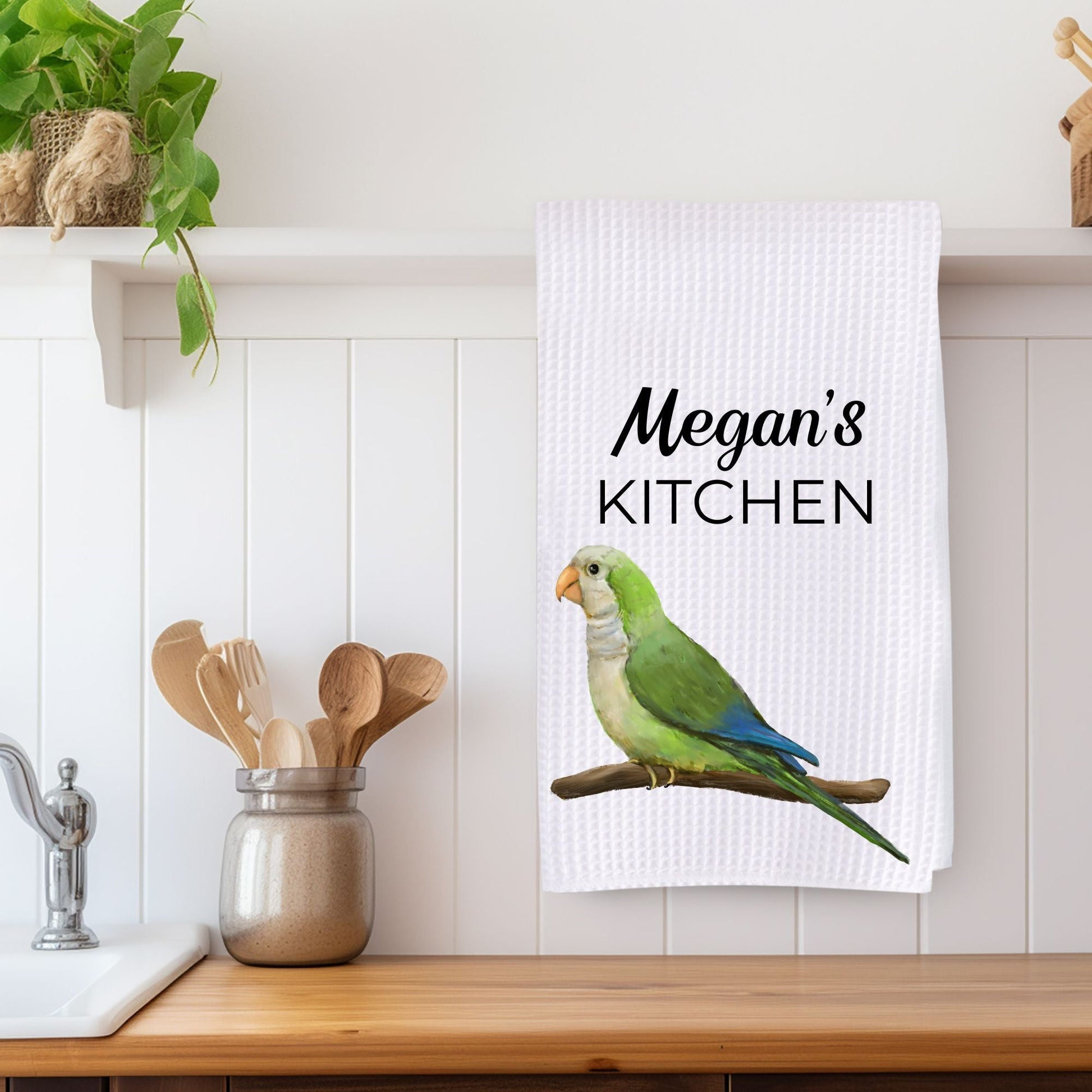 Green Quaker Parrot Kitchen Towel - MerikaArt
