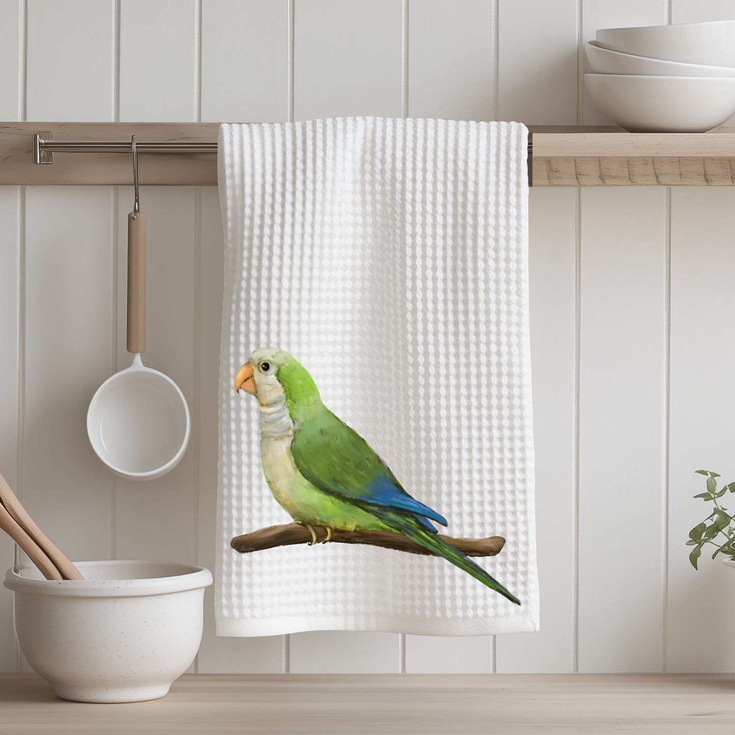 Green Quaker Parrot Kitchen Towel - MerikaArt