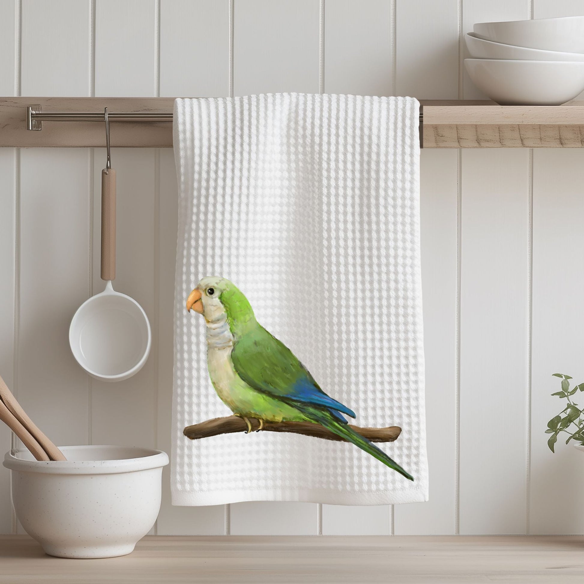 Green Quaker Parrot Kitchen Towel - MerikaArt