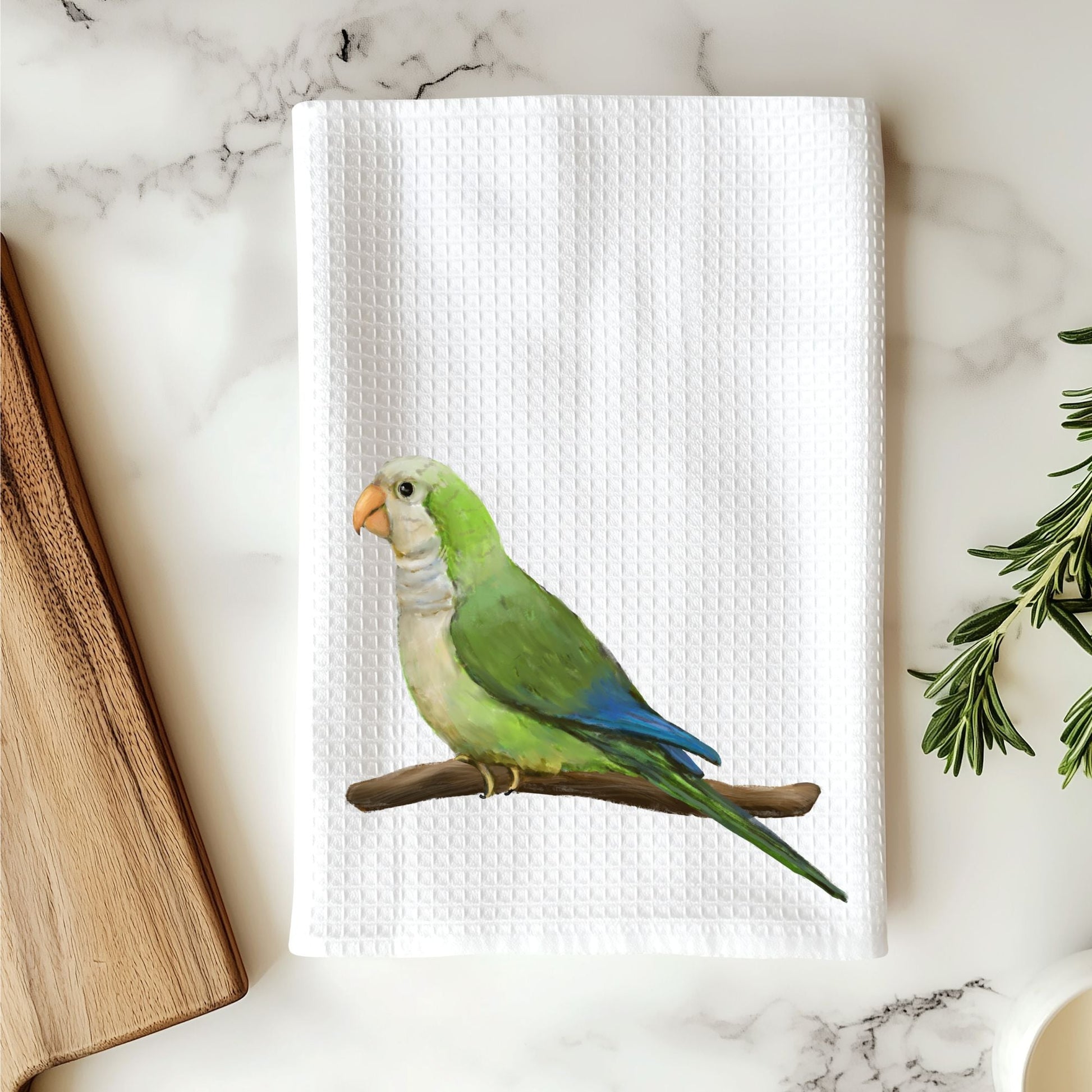 Green Quaker Parrot Kitchen Towel - MerikaArt