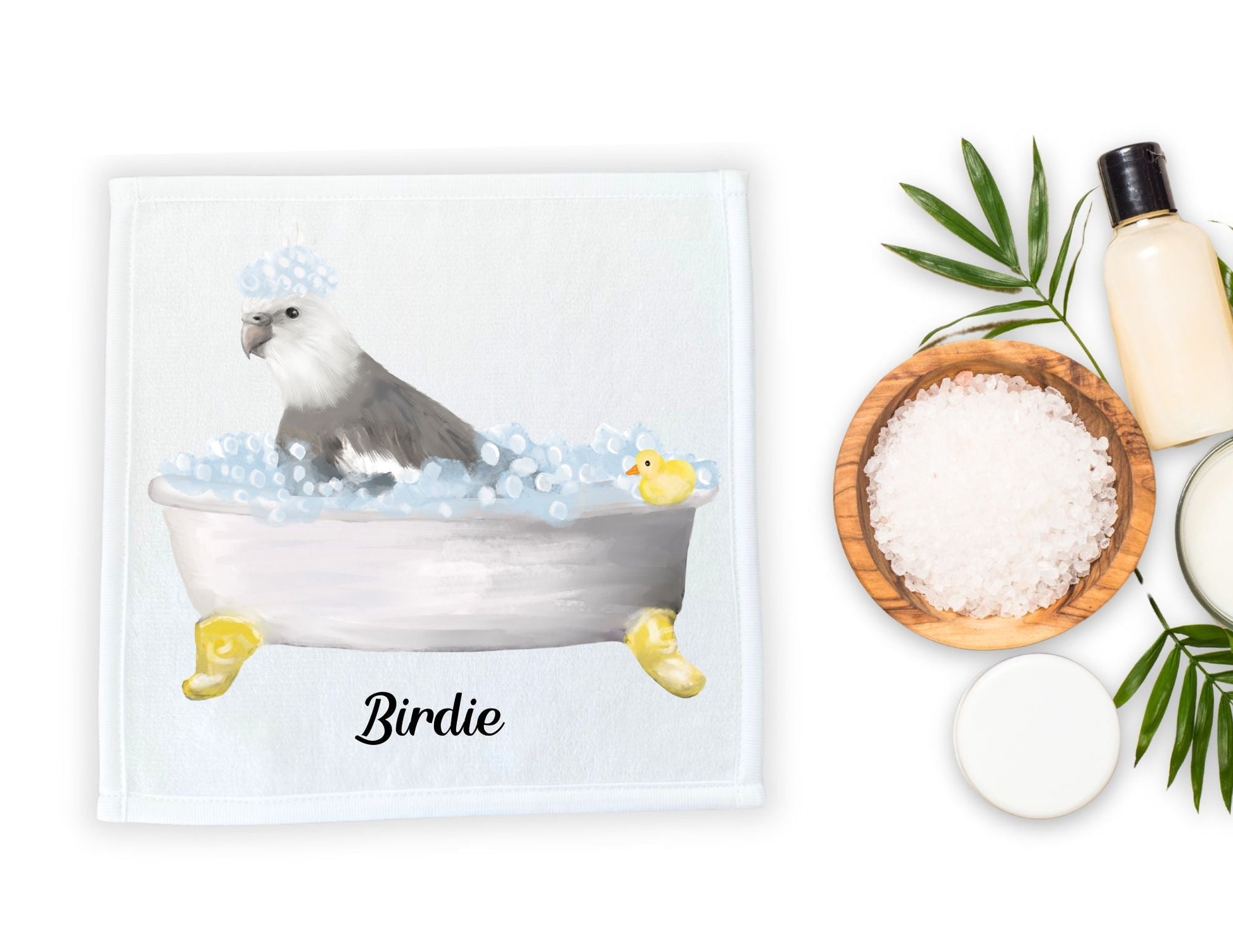 Grey Cockatiel in Bathtub Washcloth – Fun Avian Illustration - MerikaArt