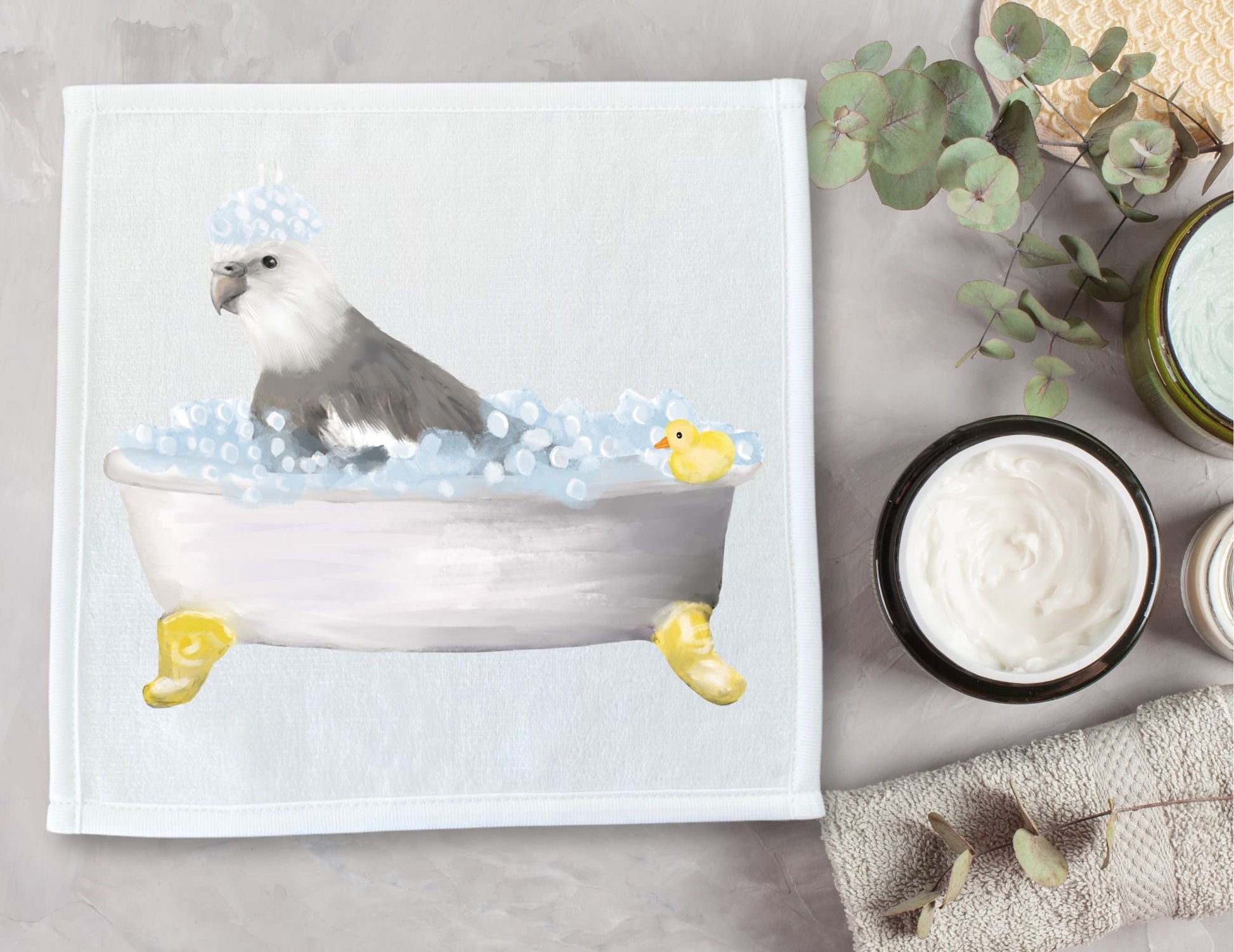 Grey Cockatiel in Bathtub Washcloth – Fun Avian Illustration - MerikaArt