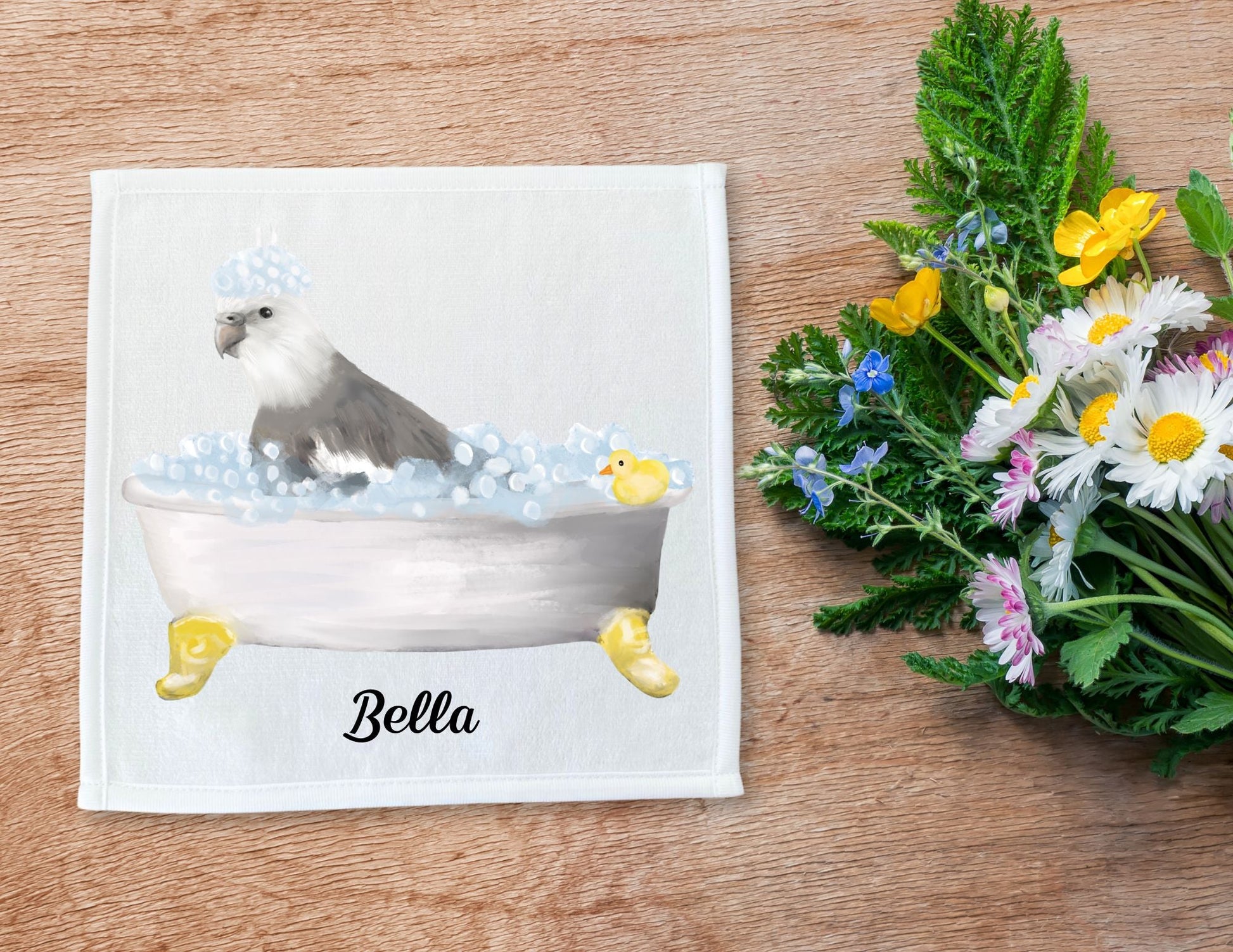 Grey Cockatiel in Bathtub Washcloth – Fun Avian Illustration - MerikaArt