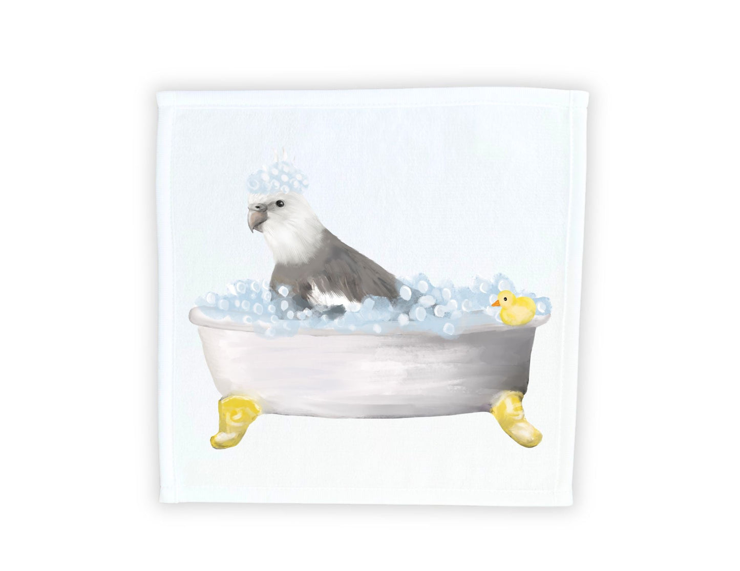 Grey Cockatiel in Bathtub Washcloth – Fun Avian Illustration - MerikaArt