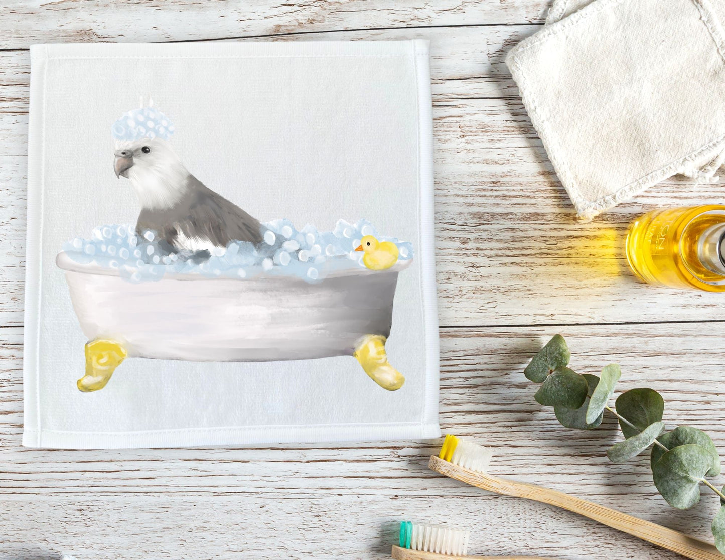 Grey Cockatiel in Bathtub Washcloth – Fun Avian Illustration - MerikaArt