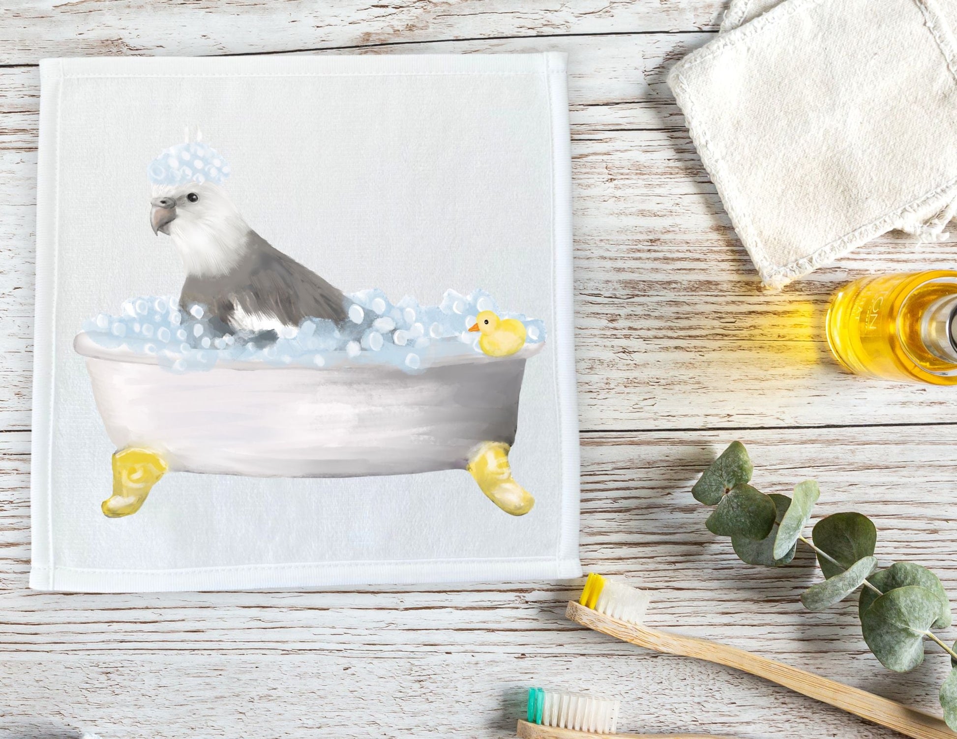 Grey Cockatiel in Bathtub Washcloth – Fun Avian Illustration - MerikaArt