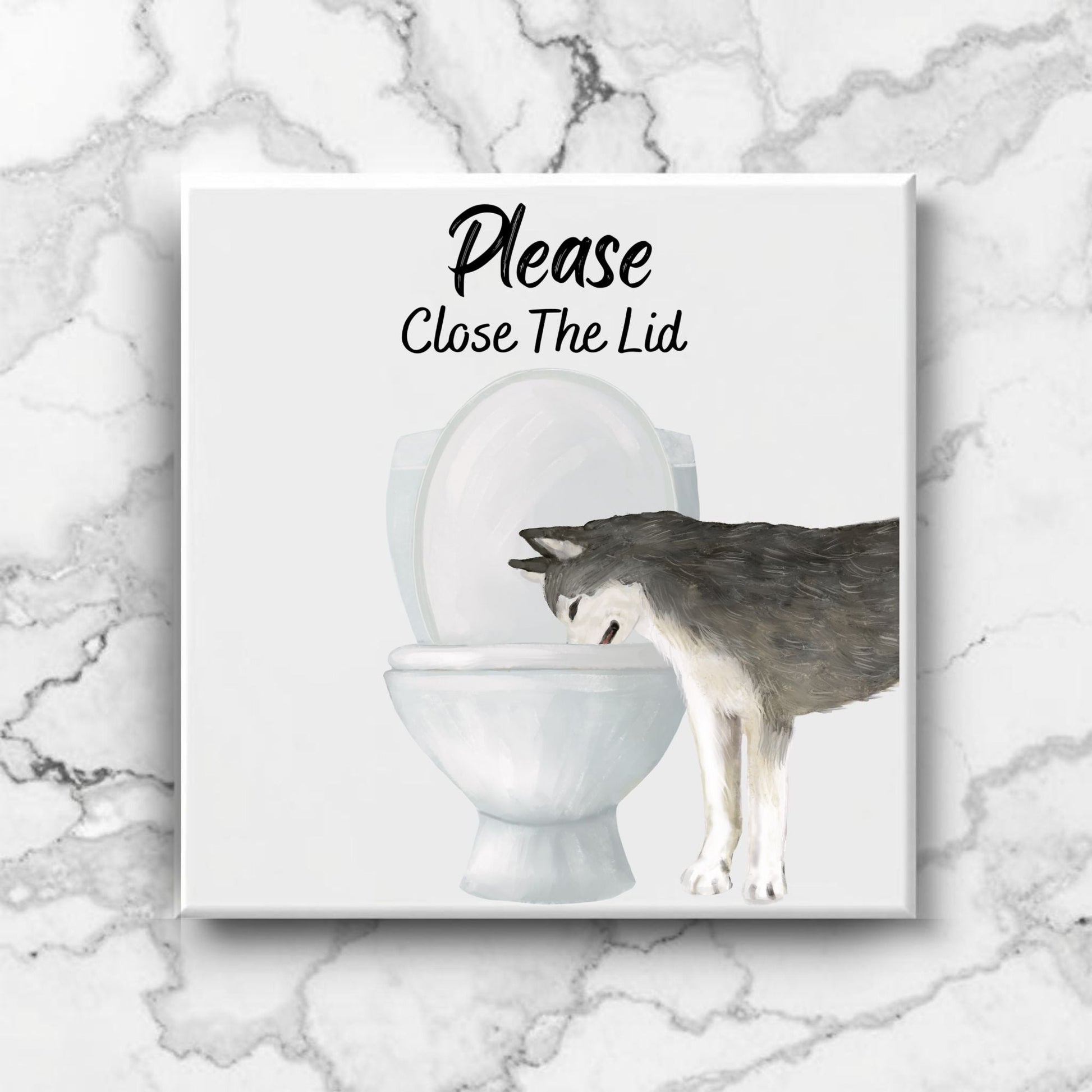Grey Husky Close The Lid Ceramic Tile - MerikaArt