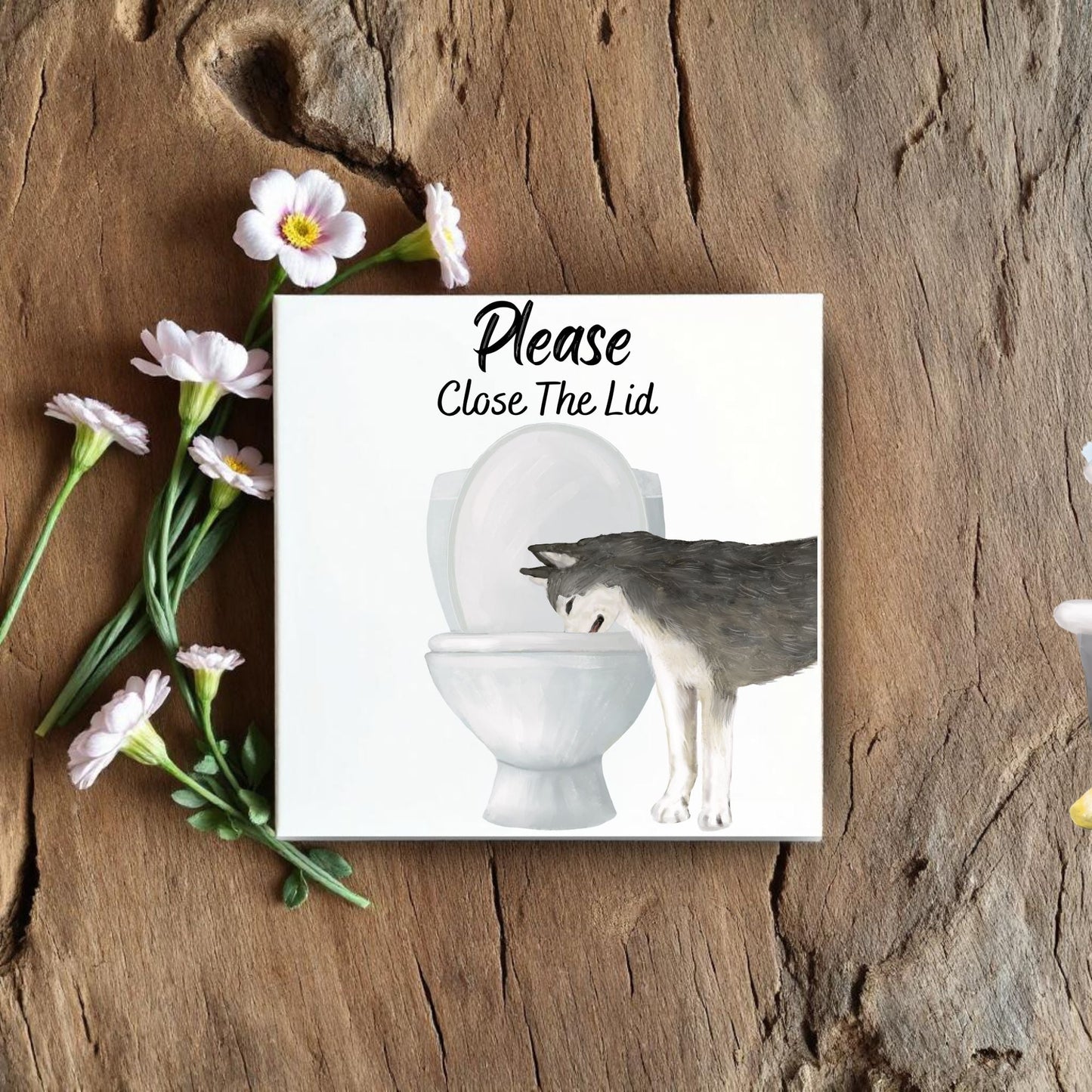 Grey Husky Close The Lid Ceramic Tile - MerikaArt