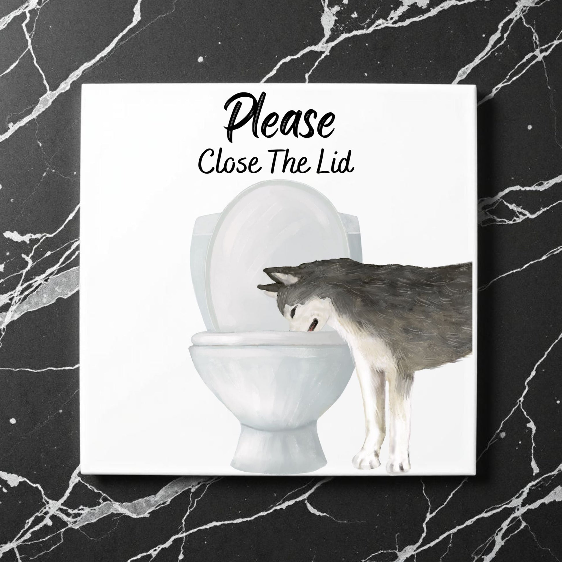 Grey Husky Close The Lid Ceramic Tile - MerikaArt