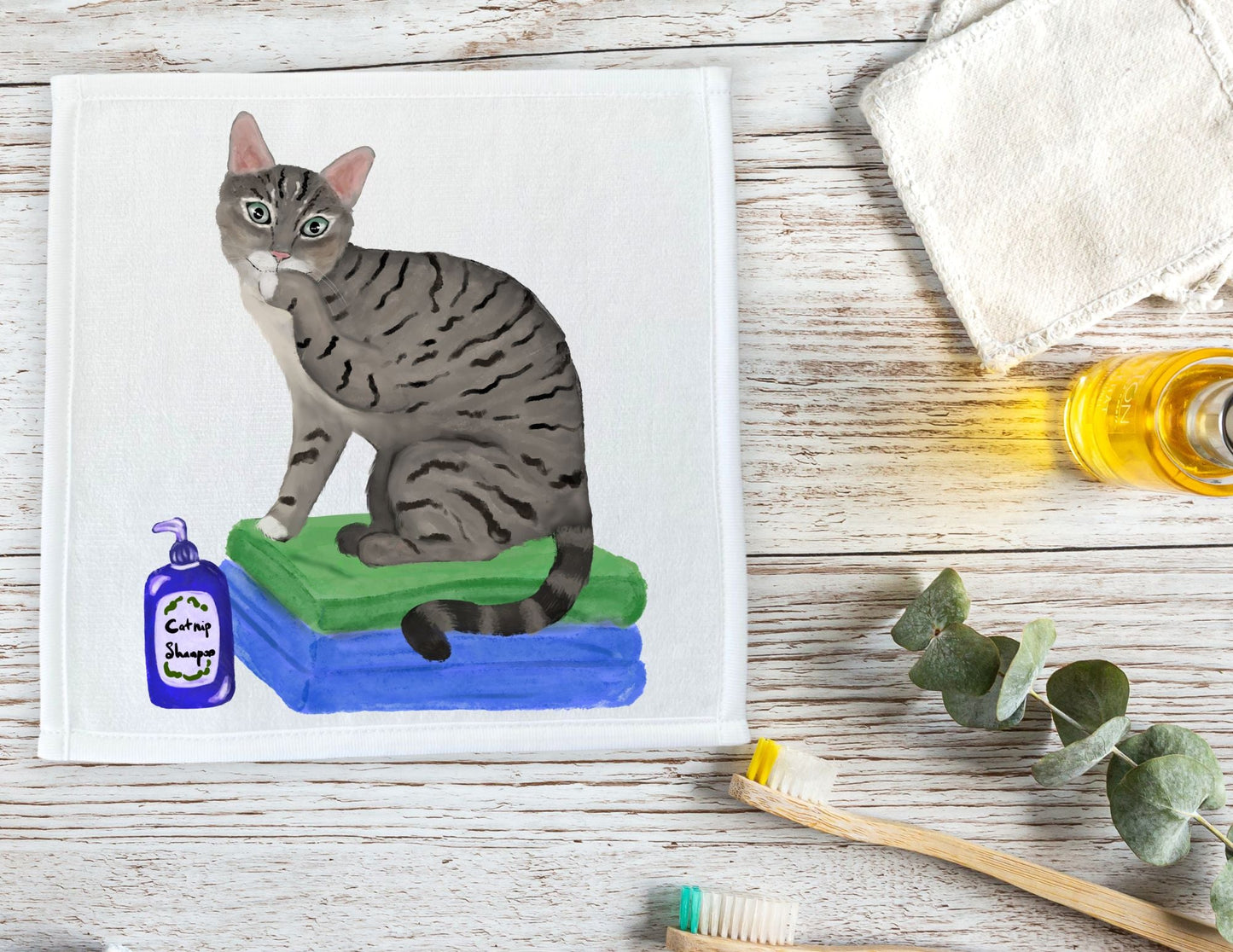 Grey Tabby Cat with Catnip Shampoo Washcloth – A Fun and Unique Gift - MerikaArt