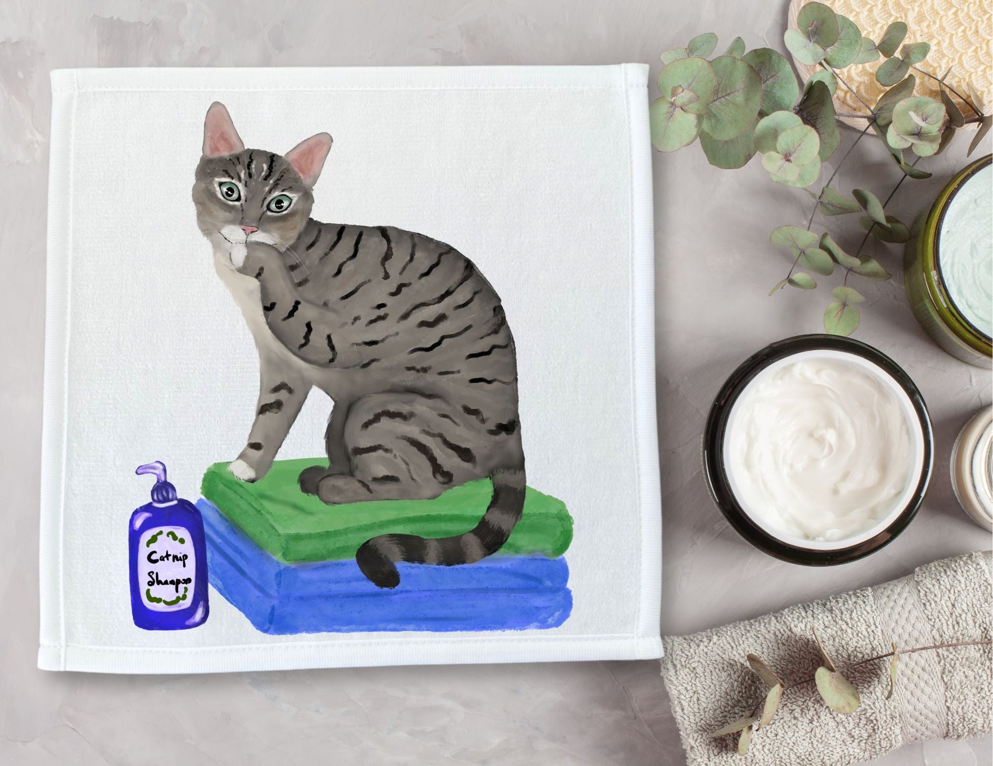 Grey Tabby Cat with Catnip Shampoo Washcloth – A Fun and Unique Gift - MerikaArt