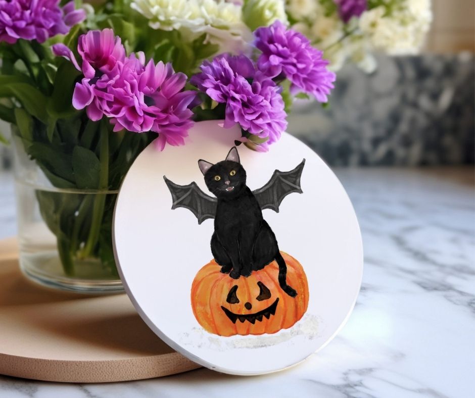 Halloween Black Cat Ceramic Coaster - MerikaArt