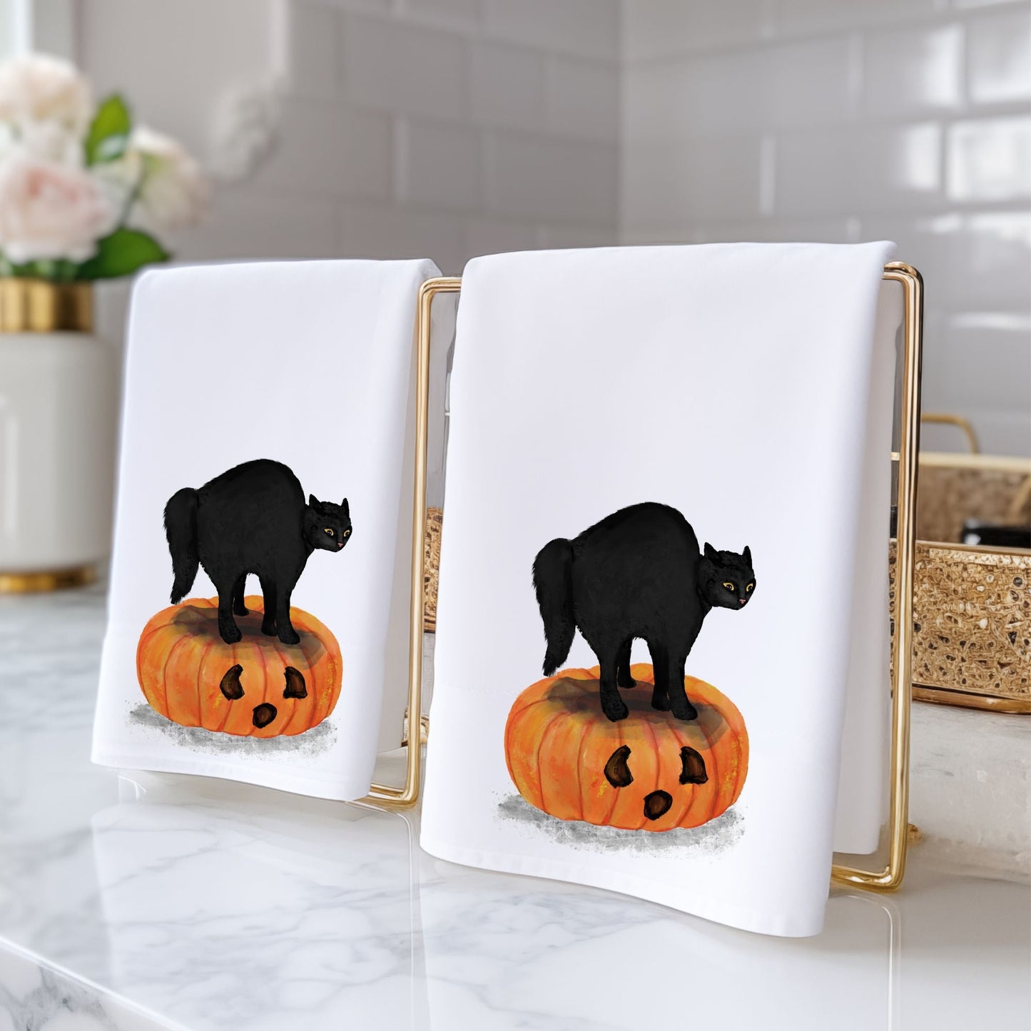 Halloween Black Cat on Pumpkin Bathroom Towel - MerikaArt