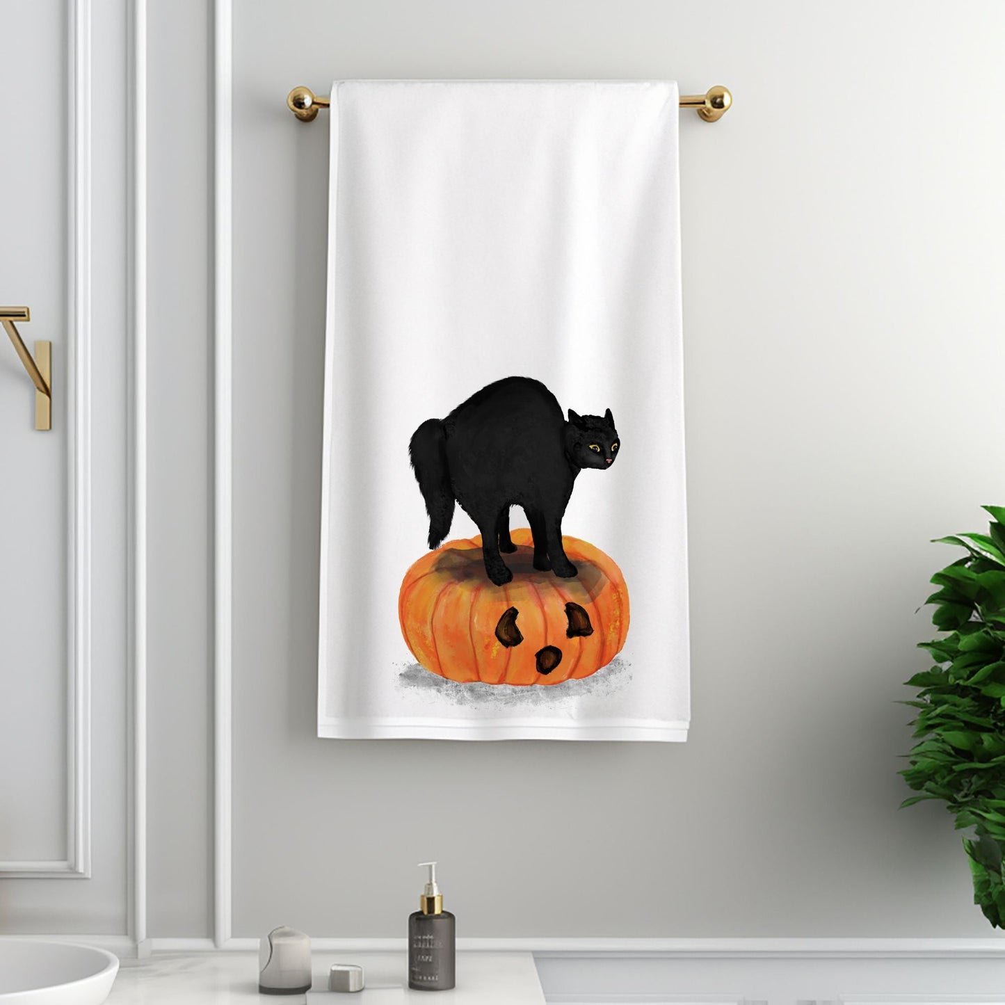 Halloween Black Cat on Pumpkin Bathroom Towel - MerikaArt