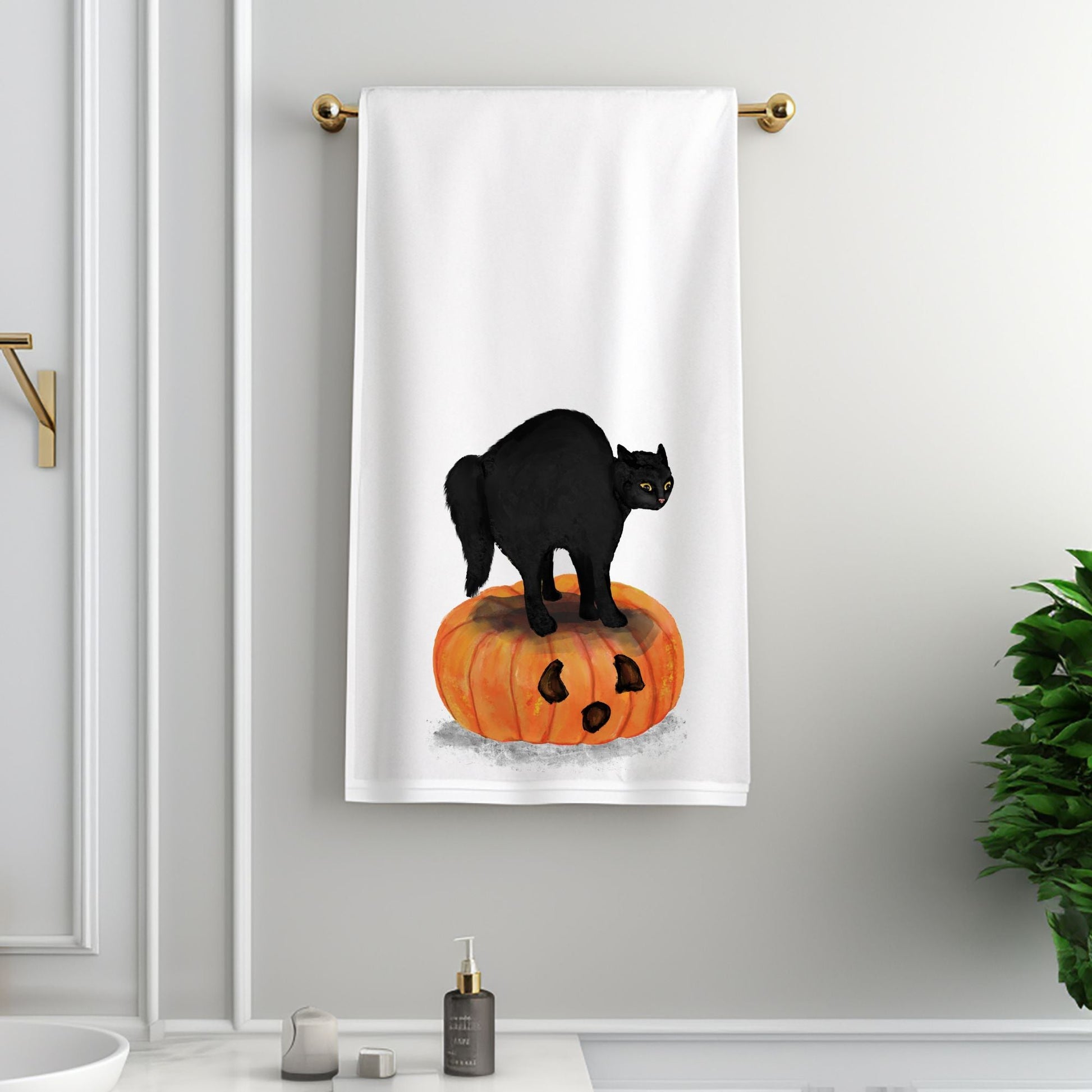 Halloween Black Cat on Pumpkin Bathroom Towel - MerikaArt