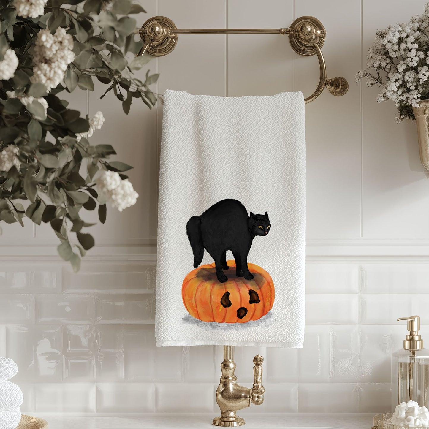Halloween Black Cat on Pumpkin Bathroom Towel - MerikaArt