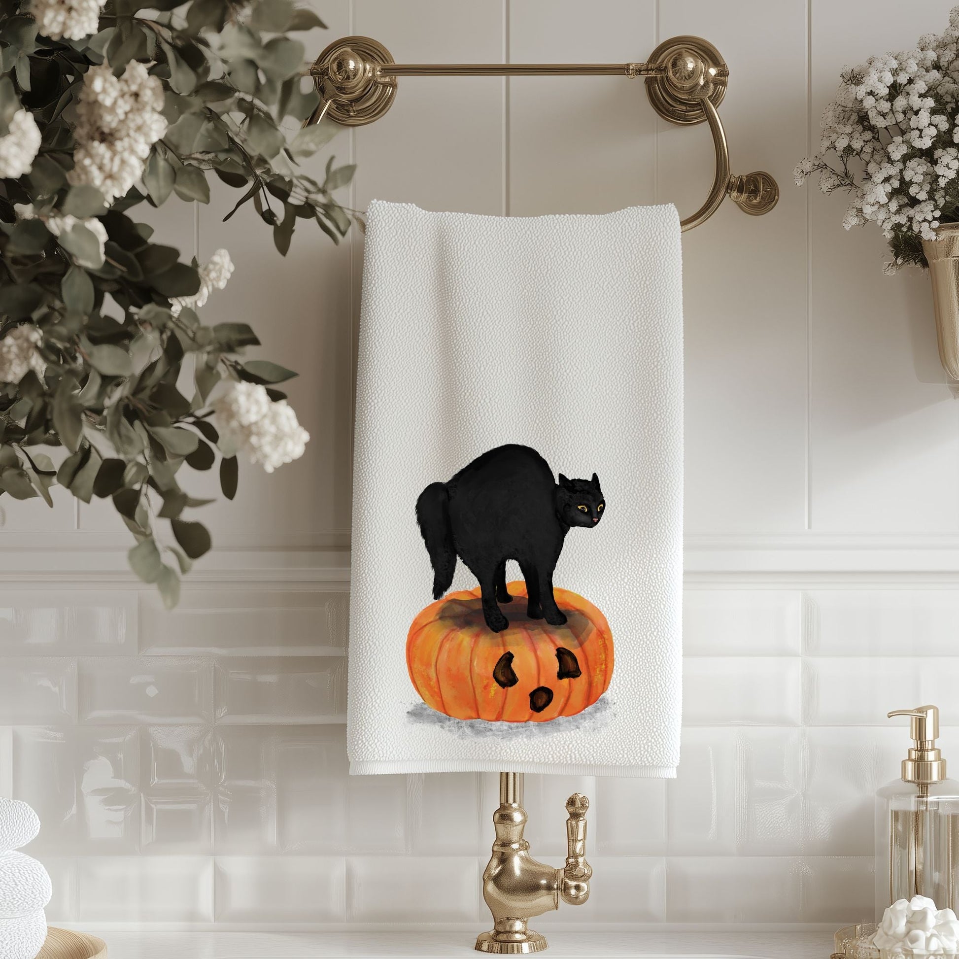 Halloween Black Cat on Pumpkin Bathroom Towel - MerikaArt